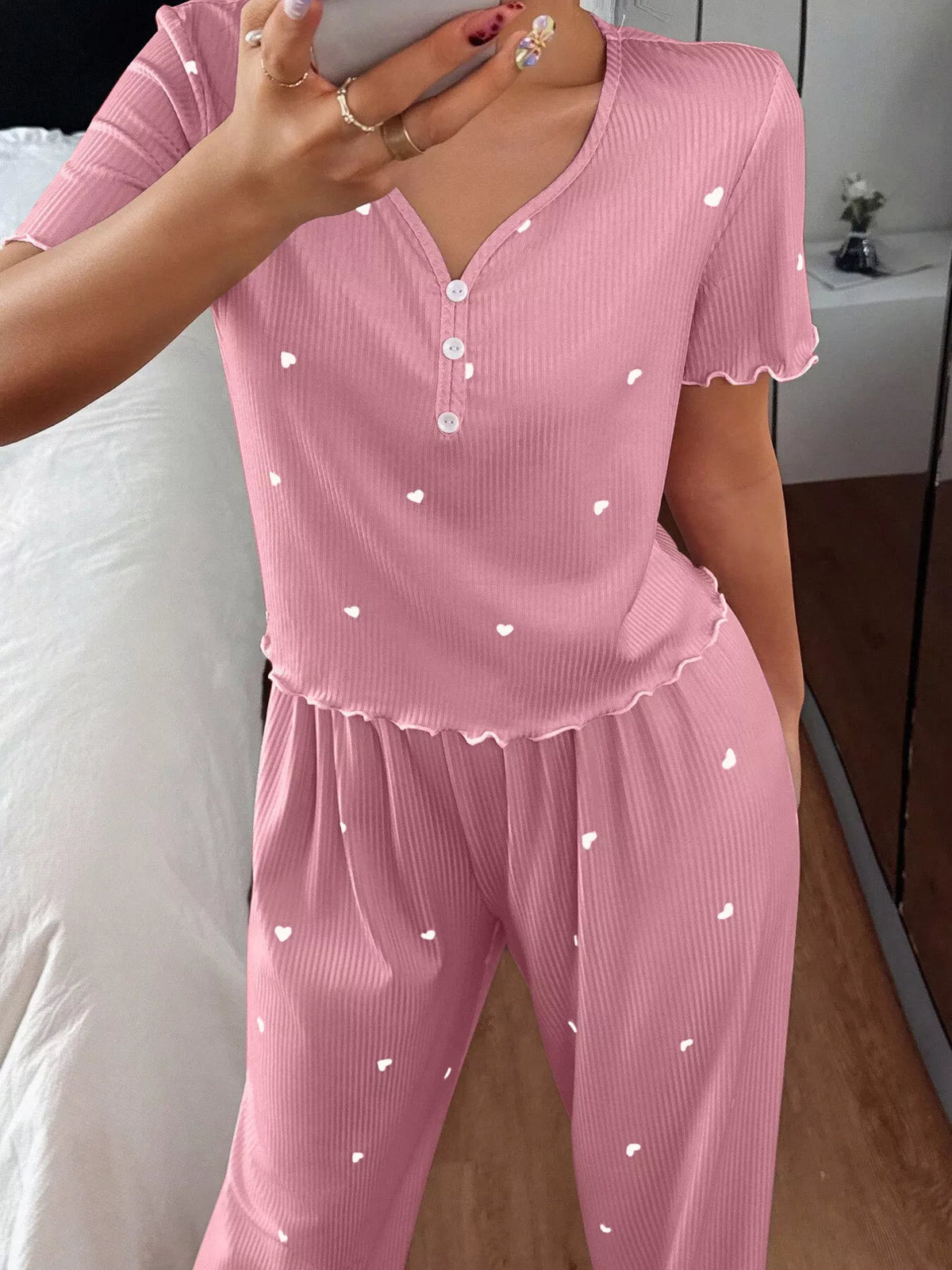 Heart Print Lettuce Trim Top and Pants Loungewear Set