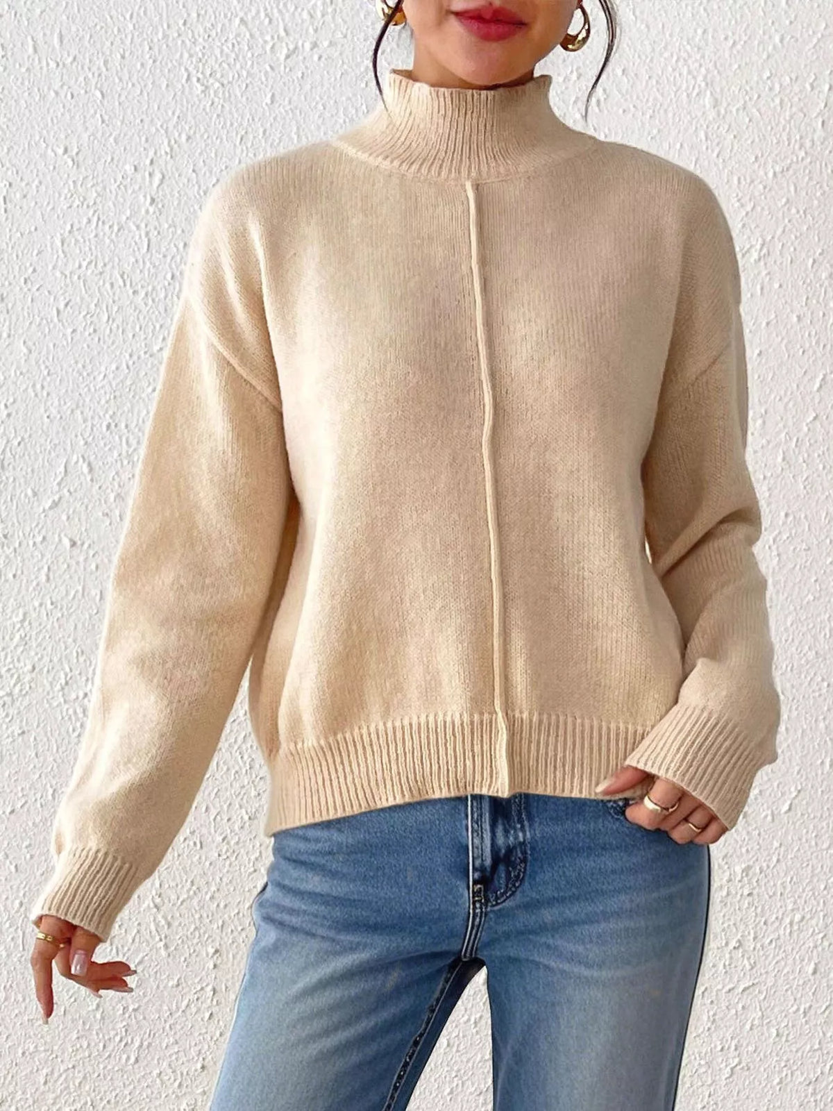 Center Seam Detail Turtleneck Sweater - Lilixa.store