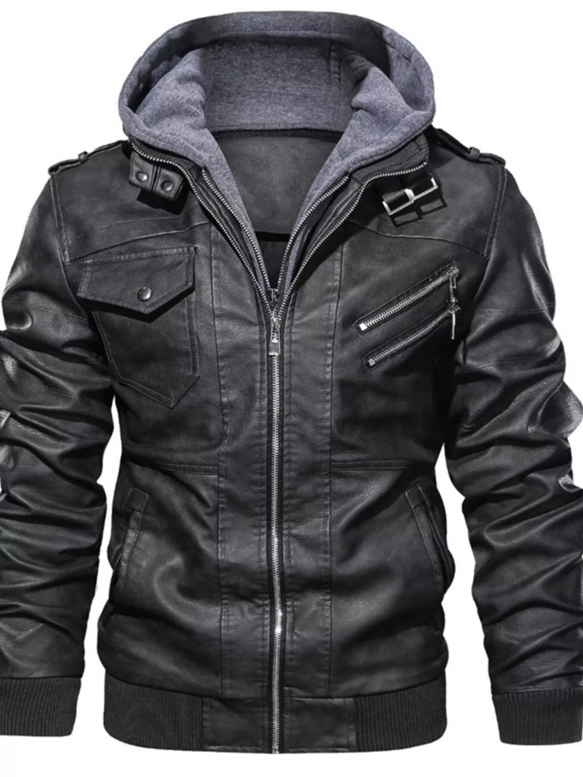 Men's Full Size Hooded Faux Leather Moto Jacket Plus Size - Lilixa.store