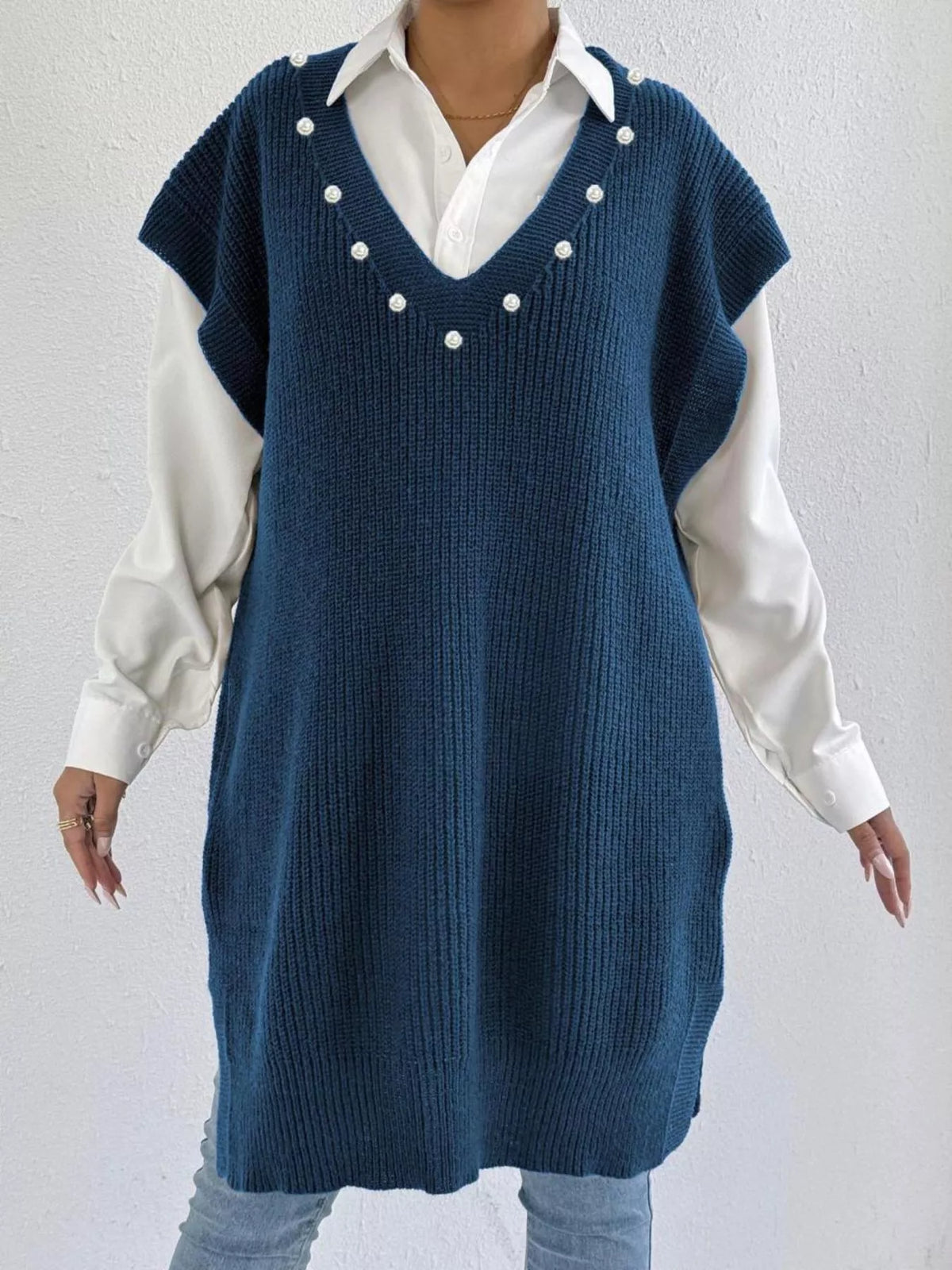 Slit V-Neck Sweater Dress in French Blue