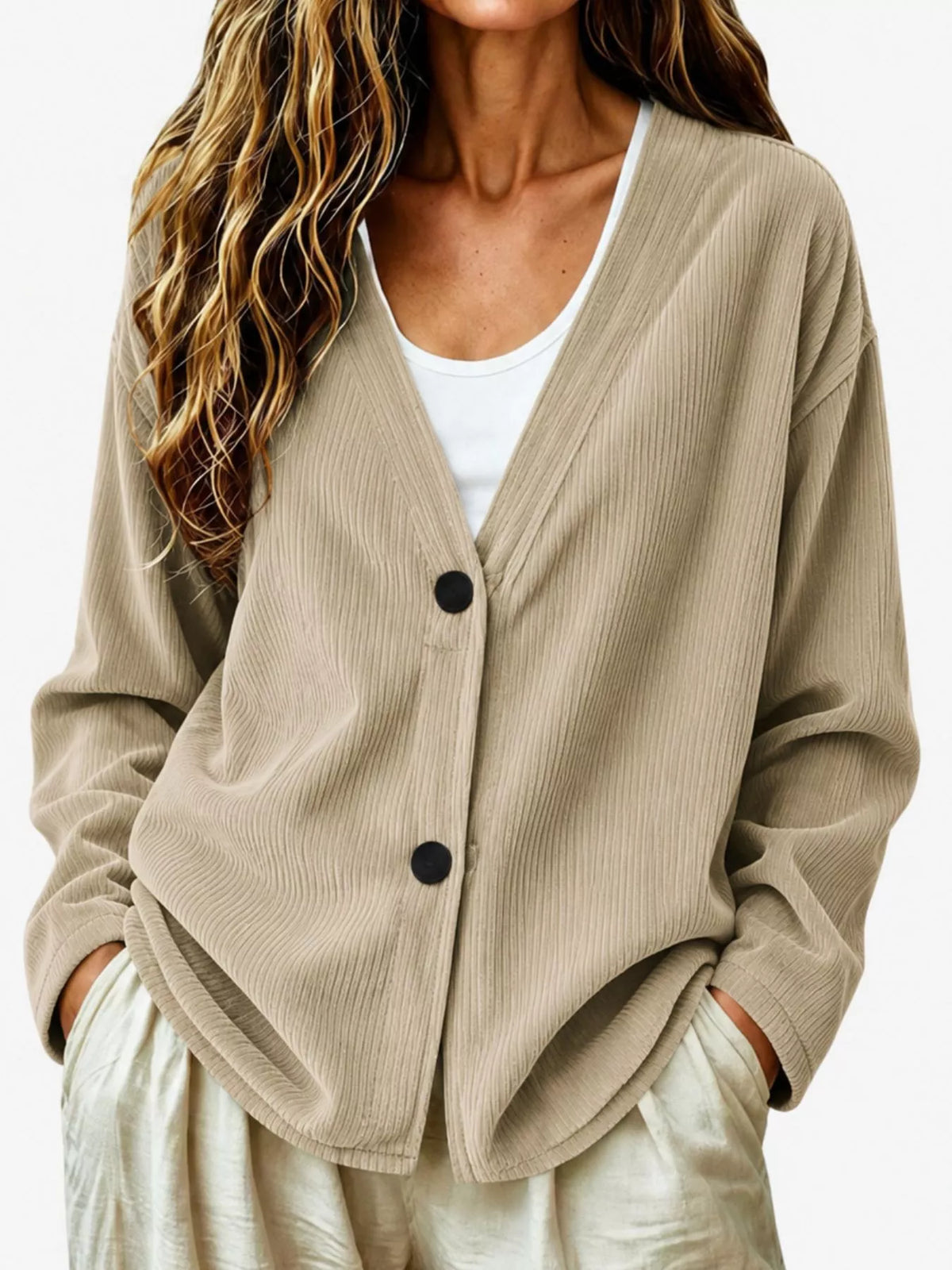 Casual Corduroy Button-Up Cardigan in Khaki