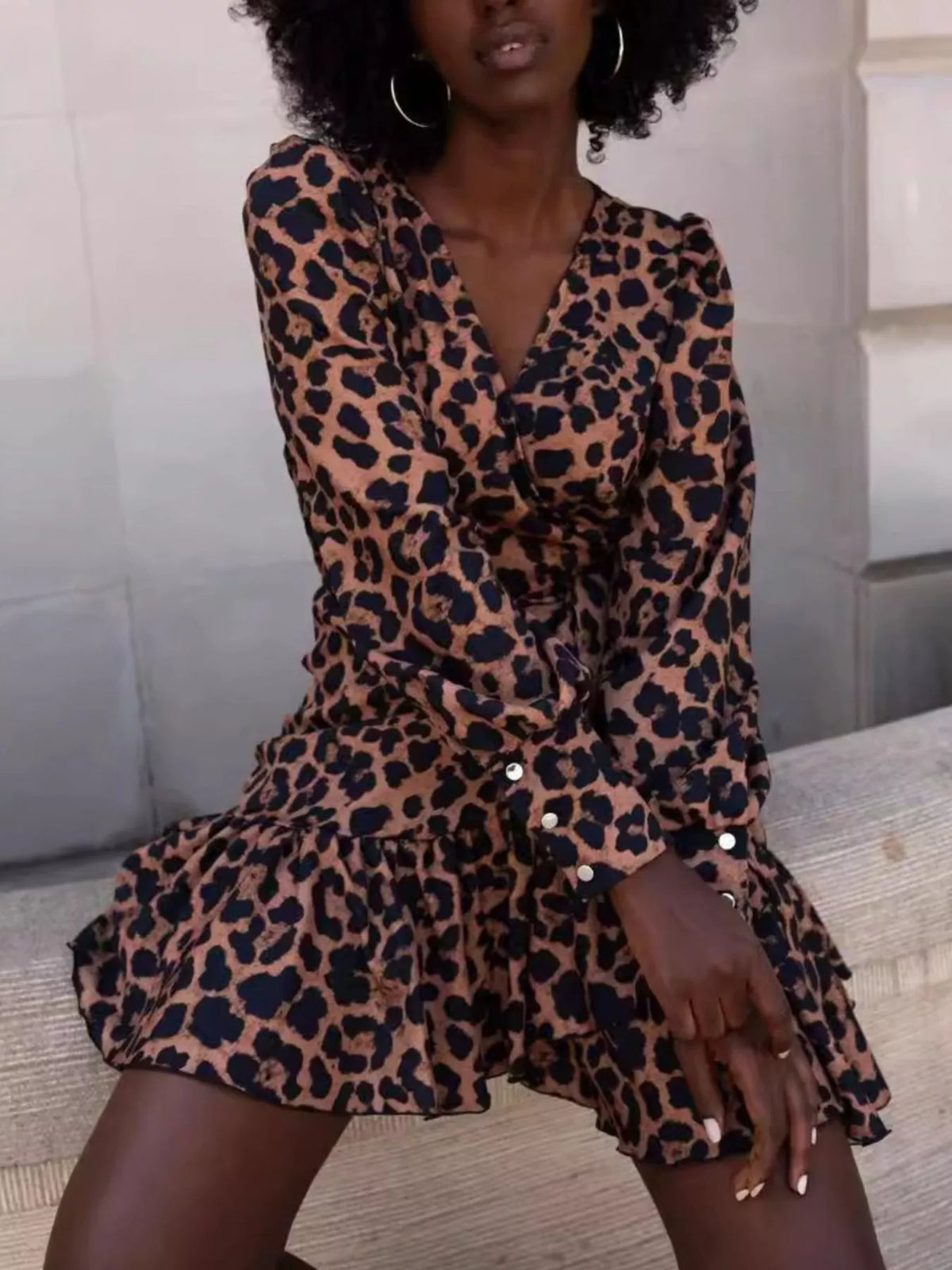 Printed Surplice Long Sleeve Wrap Mini Dress - Lilixa.store