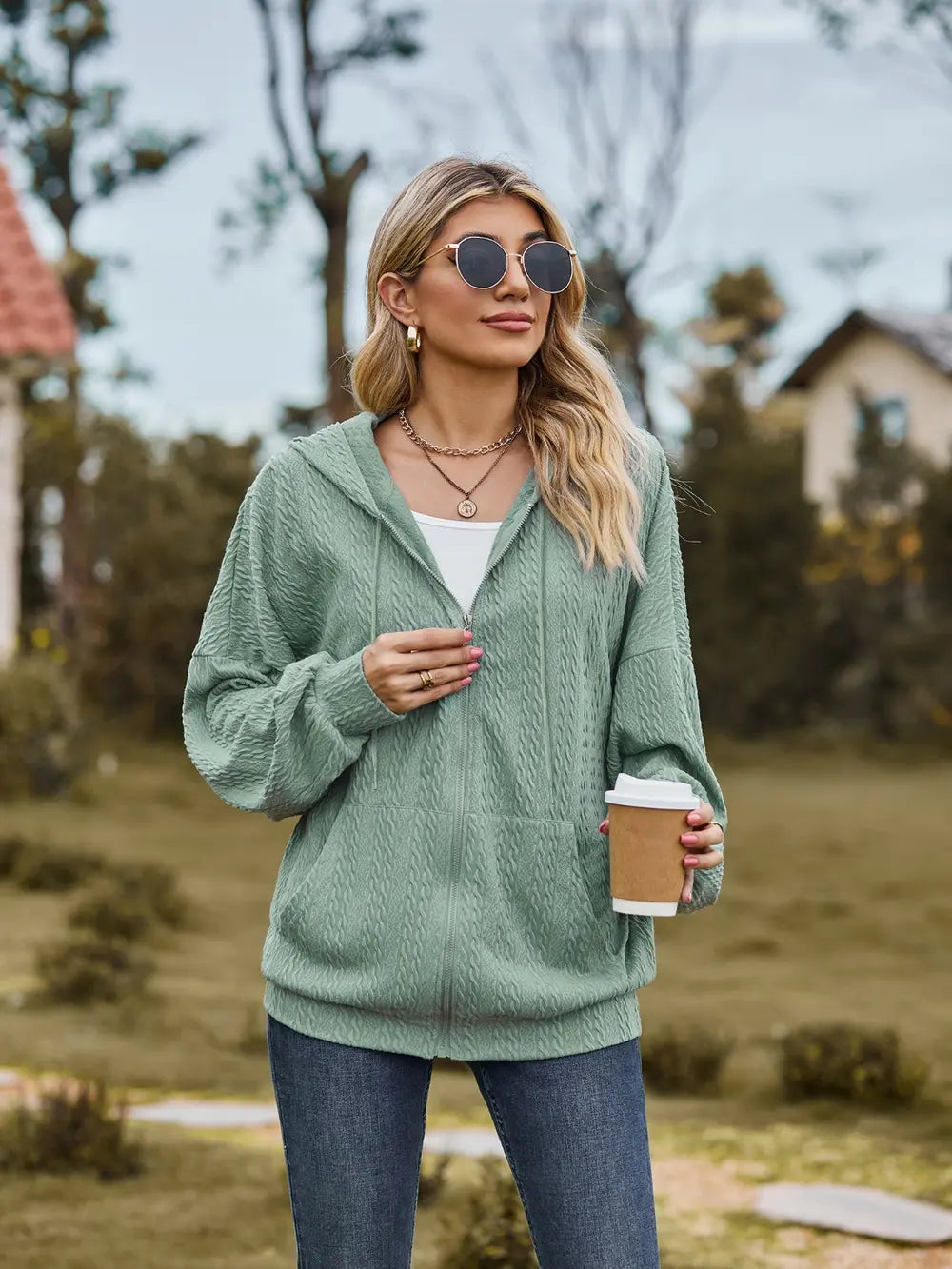 Zip Up Drawstring Long Sleeve Hooded Jacket, view 5