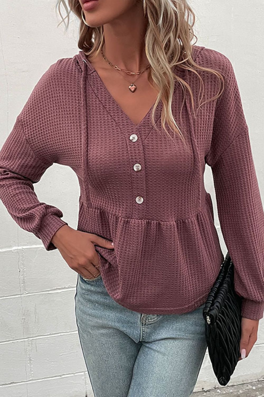 Perfee Waffle-Knit Buttoned Drop Shoulder Hoodie in Plum, view 5