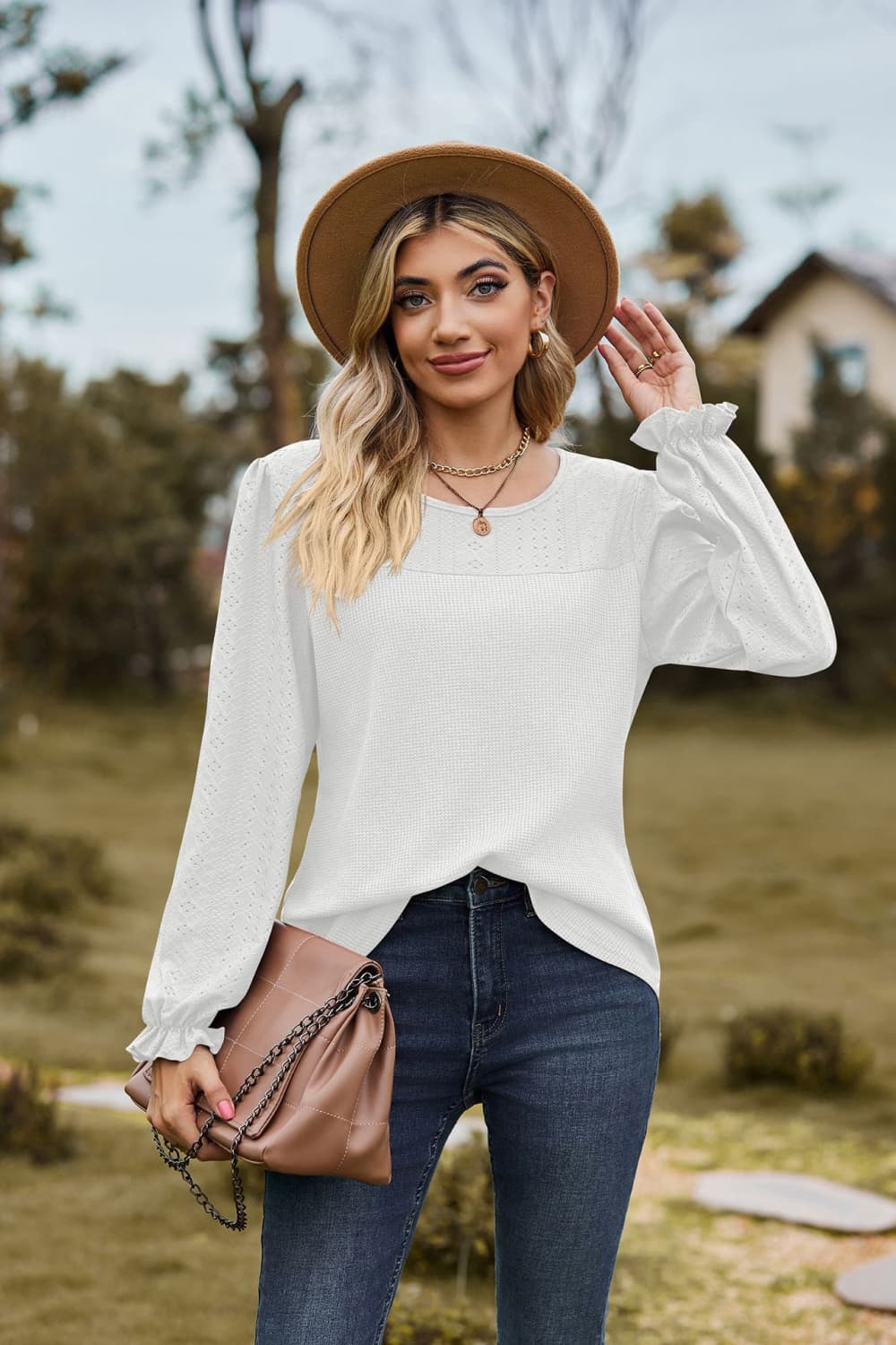Round Neck Puff Sleeve Blouse in White