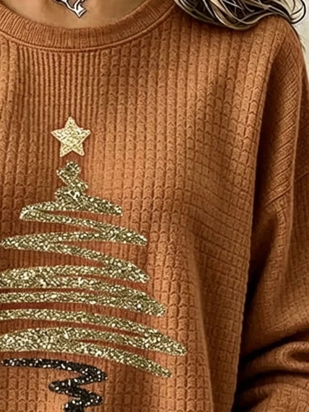 Full Size Festive Christmas Tree Graphic Ribbed Sweatshirt Plus Size, view 5