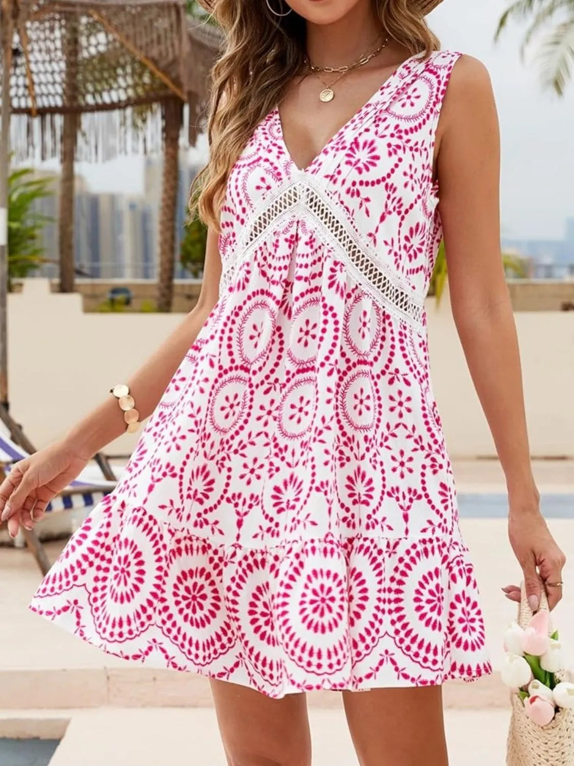 Printed V-Neck Sleeveless Mini Dress - Lilixa.store