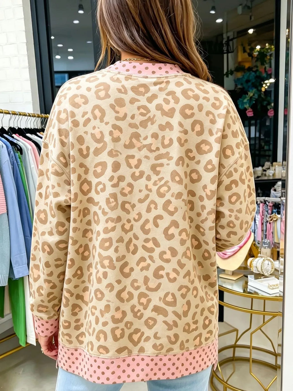Side Slit Leopard Sweatshirt with Polka Dot Trim - Lilixa.store