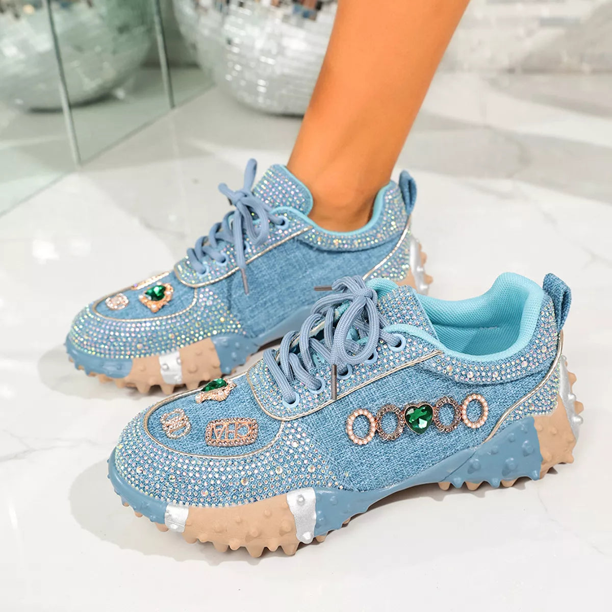 Rhinestone Round Toe Sneakers - Lilixa.store