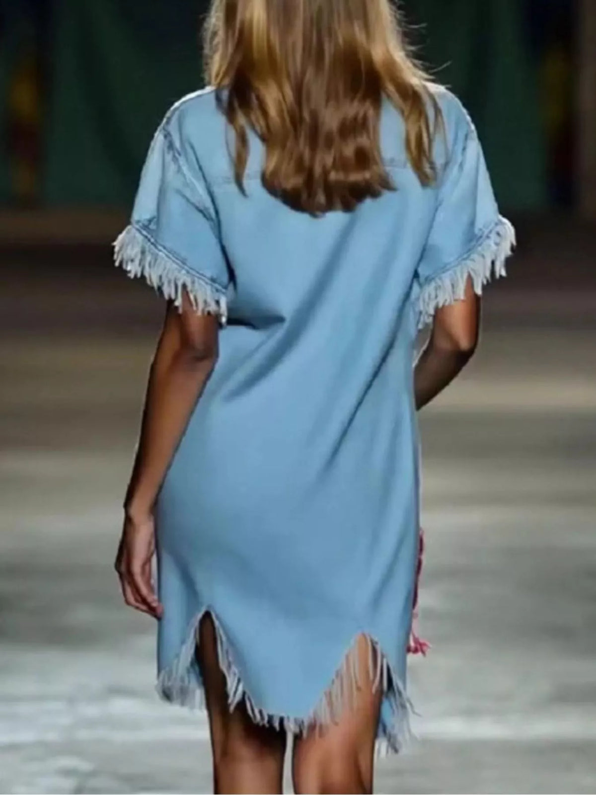Full Size Fringed Button Front Denim Shirt Dress Plus Size - Lilixa.store