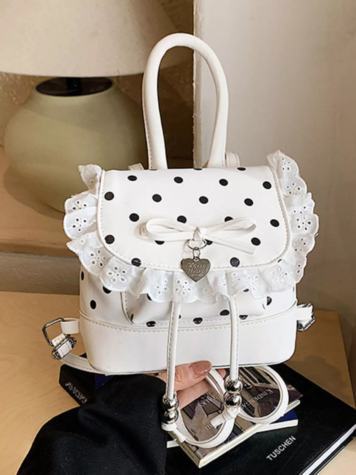 Polka Dot Lace Trim Backpack Bag - Lilixa.store