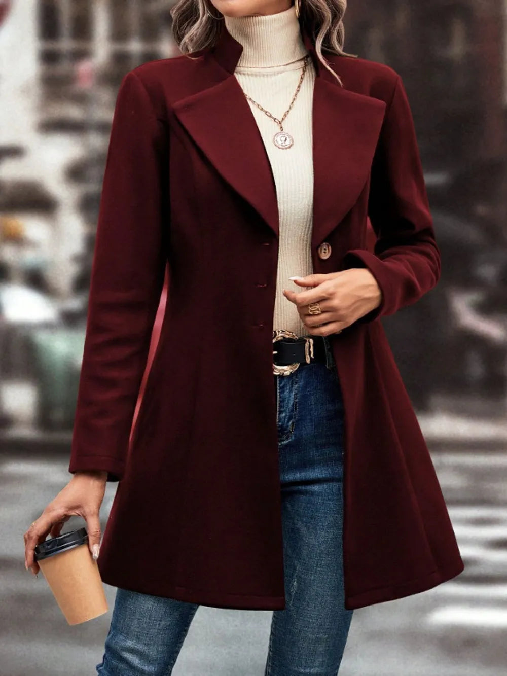 Collared Neck Button Up Long Sleeve Coat, view 2