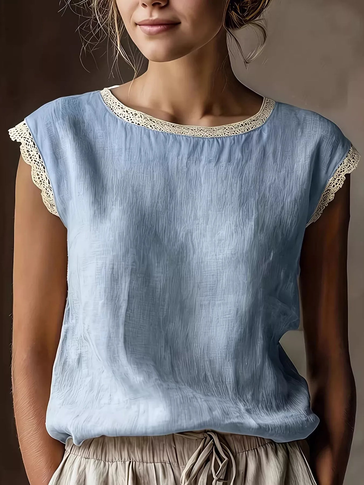 Lace Trim Round Neck Sleeveless Blouse - Lilixa.store