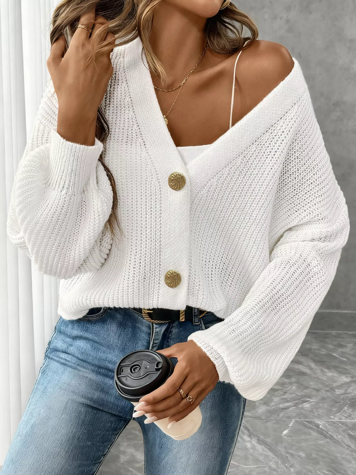 Elegant V-Neck Button-Down Ribbed Knit Cardigan, view 5