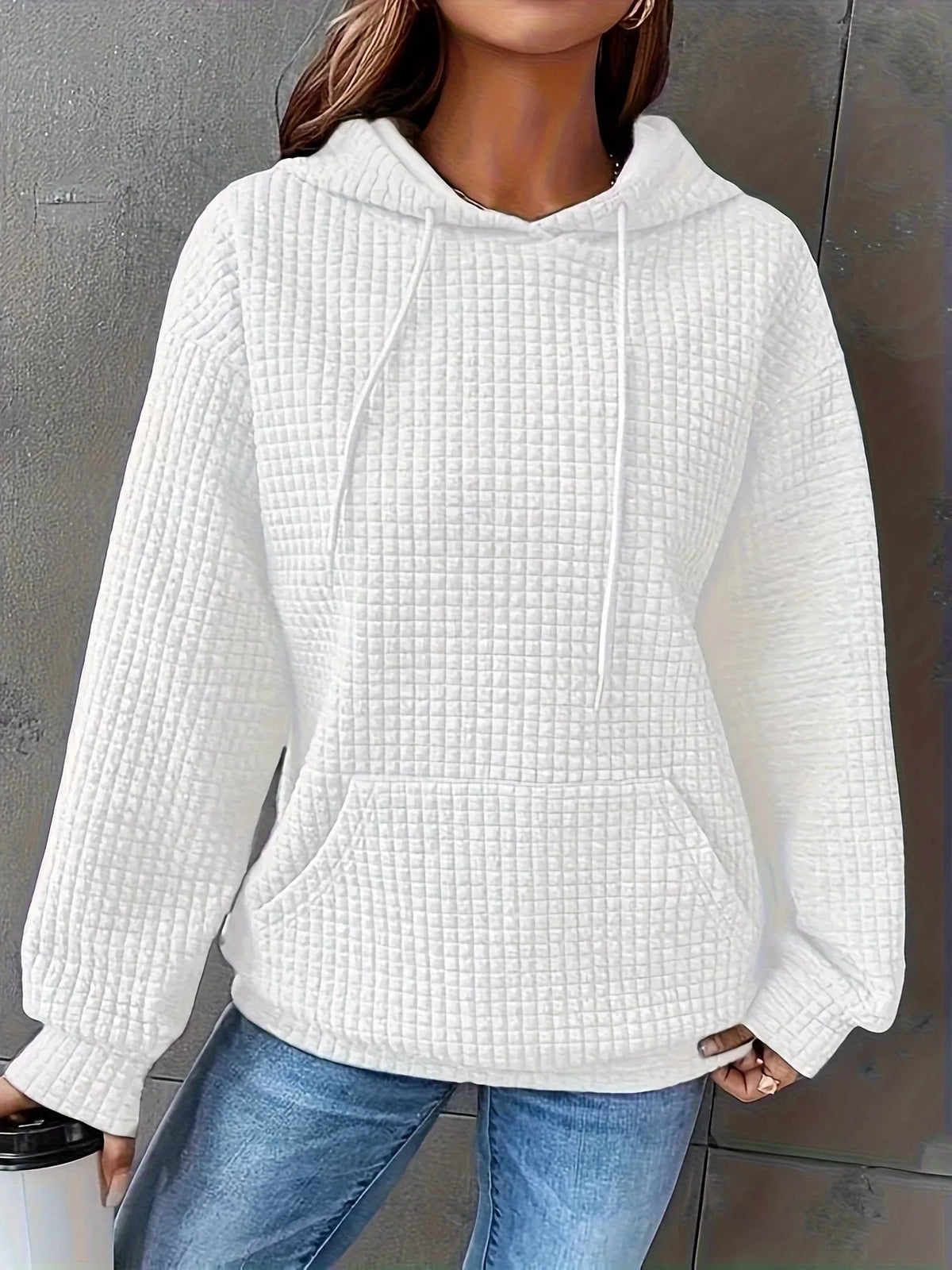 Textured Knit Drawstring Hoodie - Lilixa.store