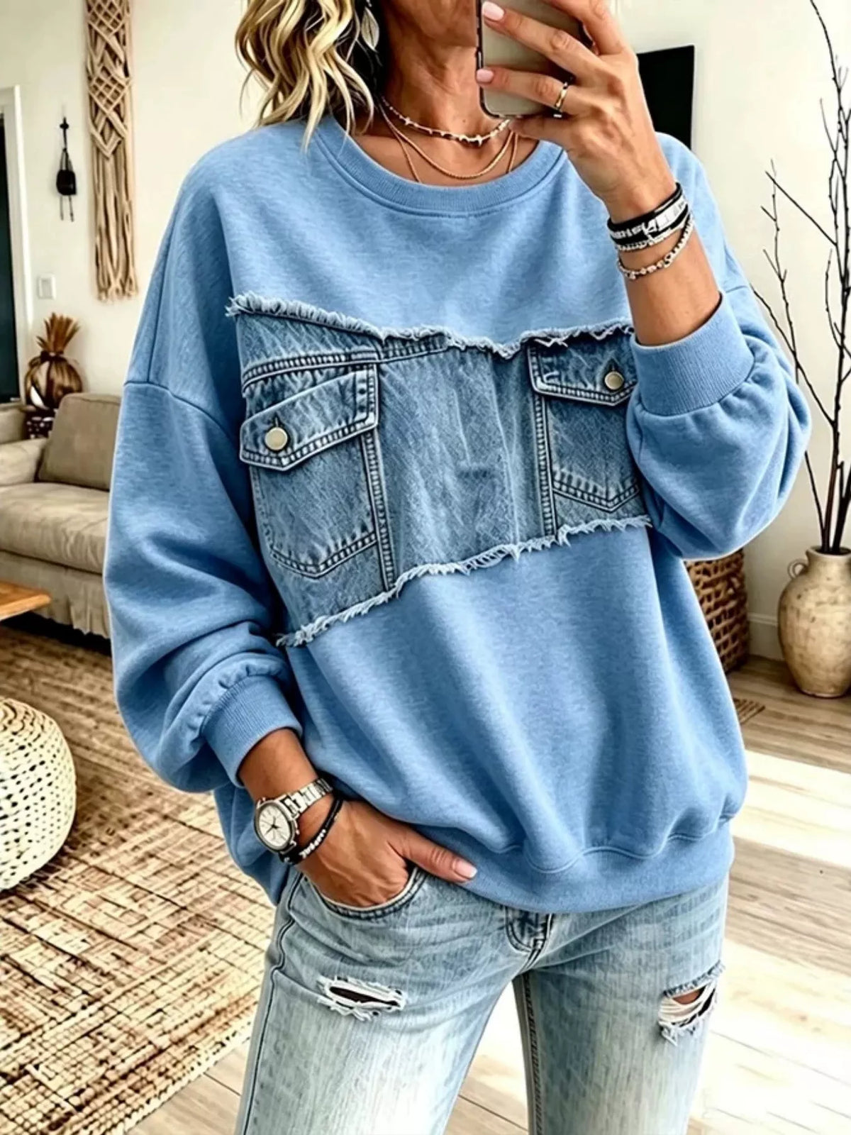 Full Size Denim Patchwork Dropped Shoulder Sweatshirt Plus Size - Lilixa.store