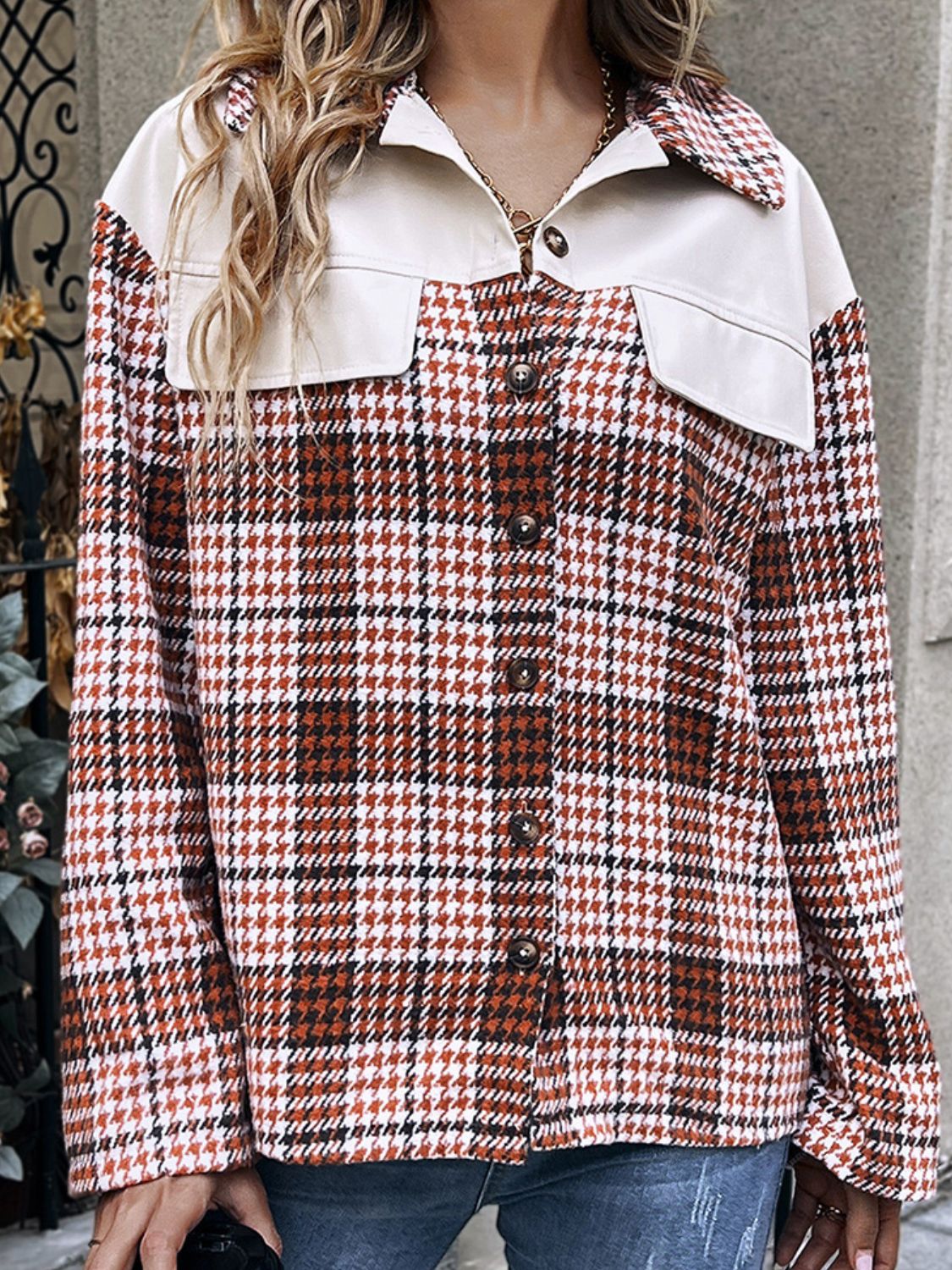 Ivy Lane Plaid Collared Neck Drop Shoulder Jacket in Deep Red