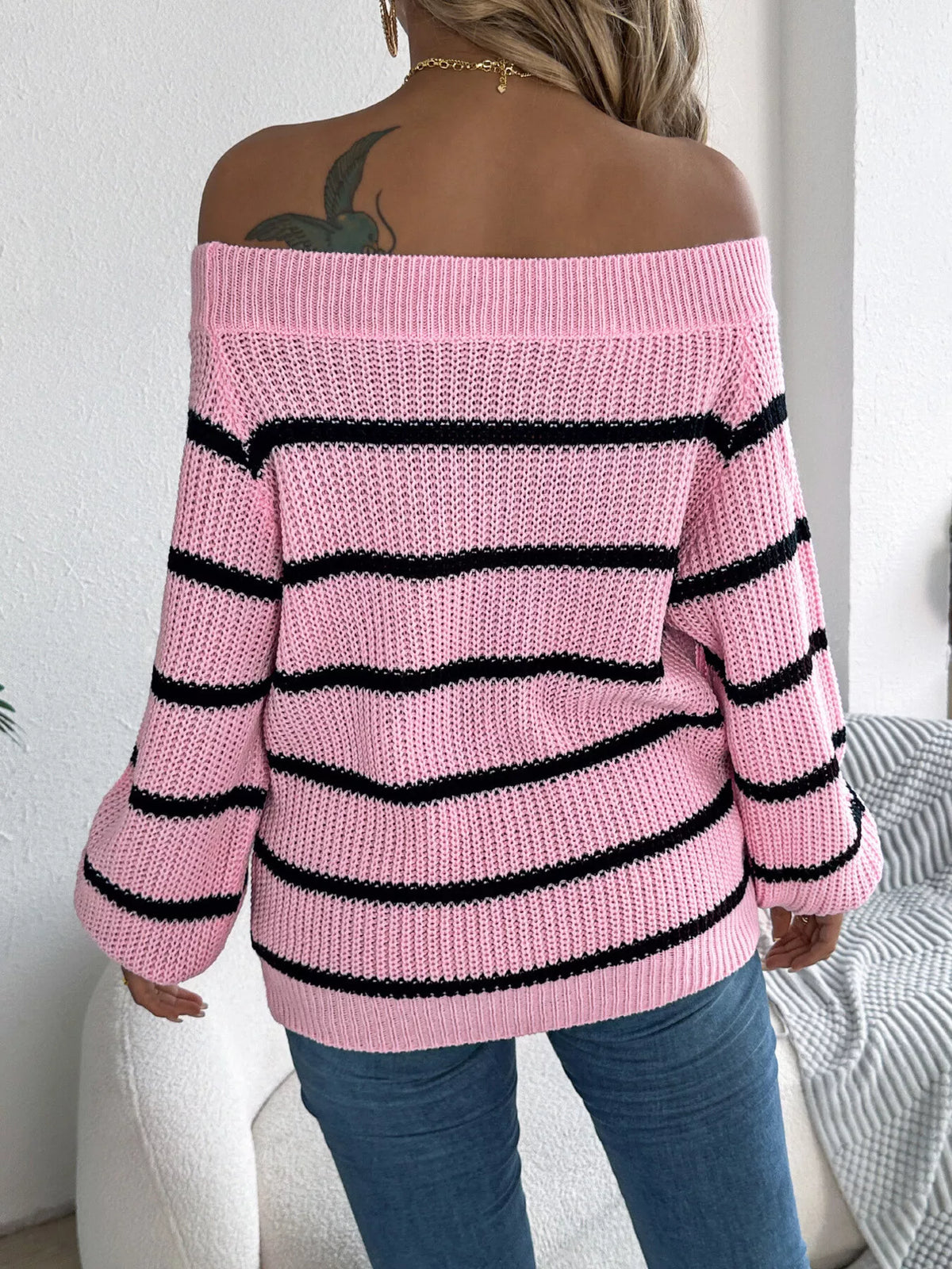 Off-Shoulder Striped Contrast Sweater