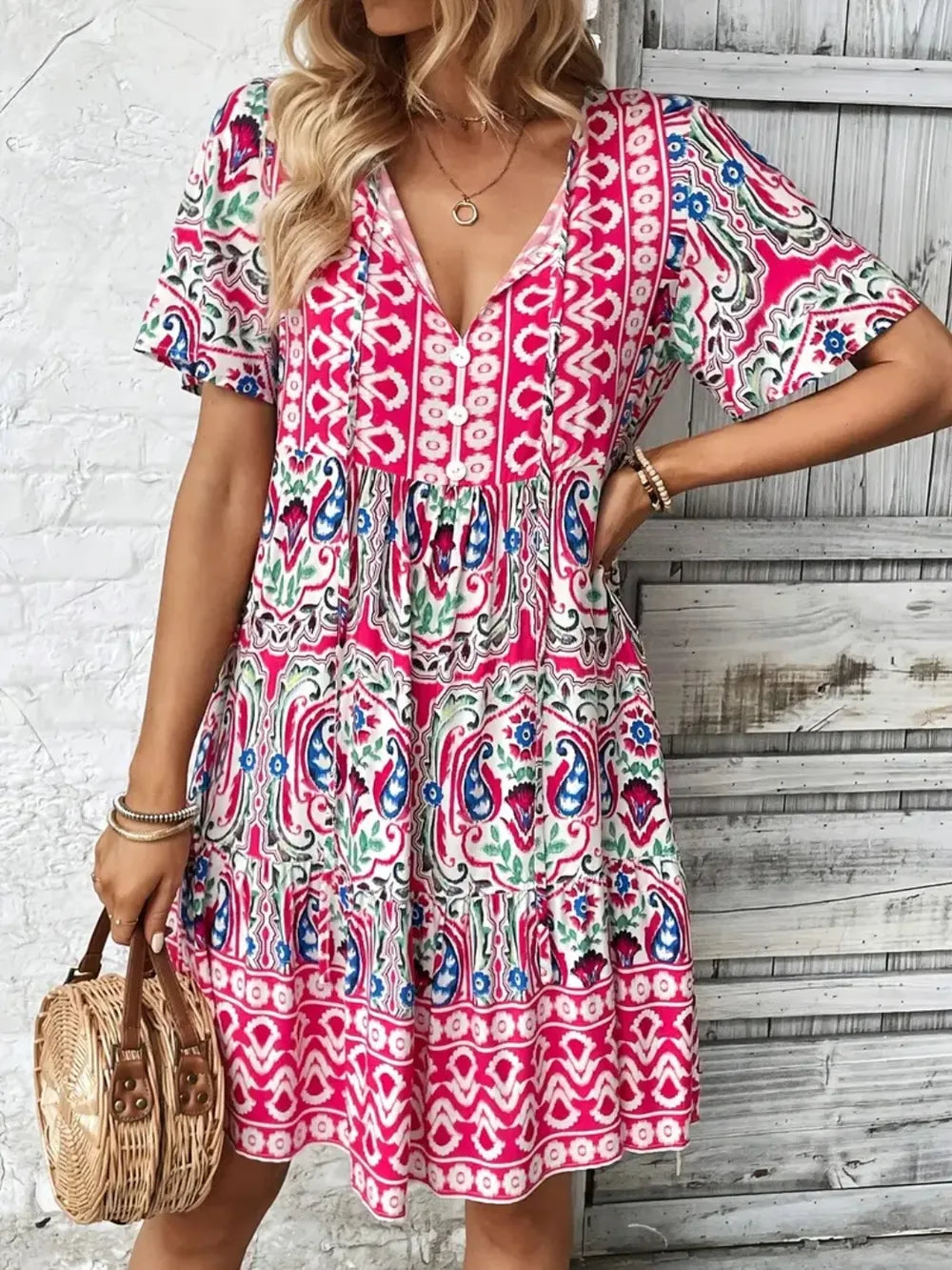 Printed Tie Neck Short Sleeve Dress - Lilixa.store