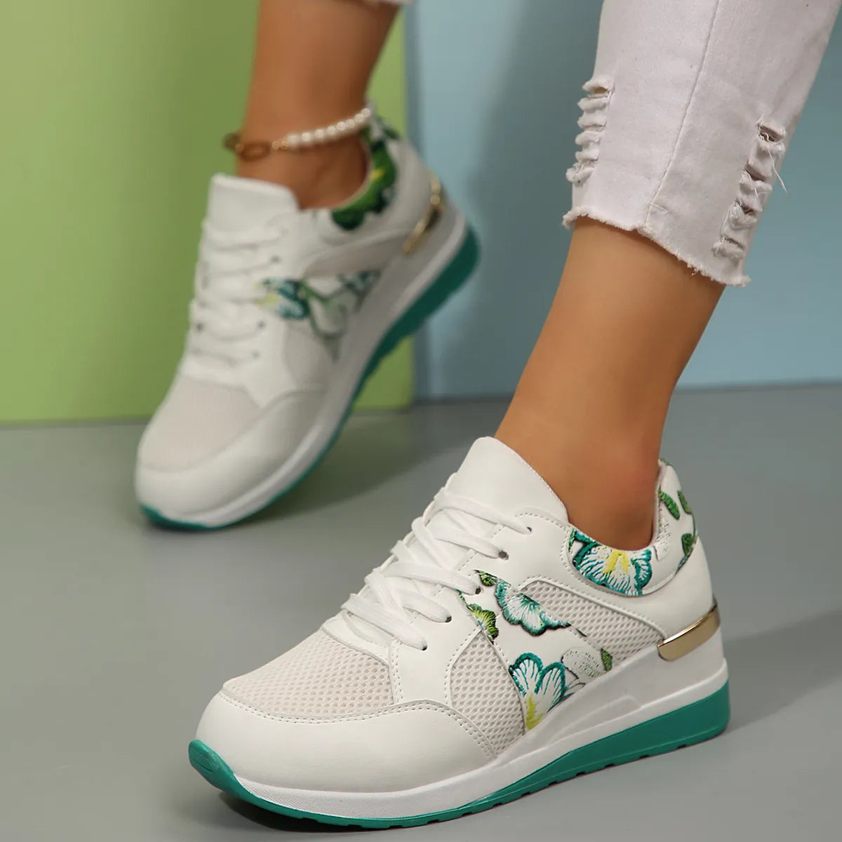 Floral Mesh Wedge Athletic - Lilixa.store