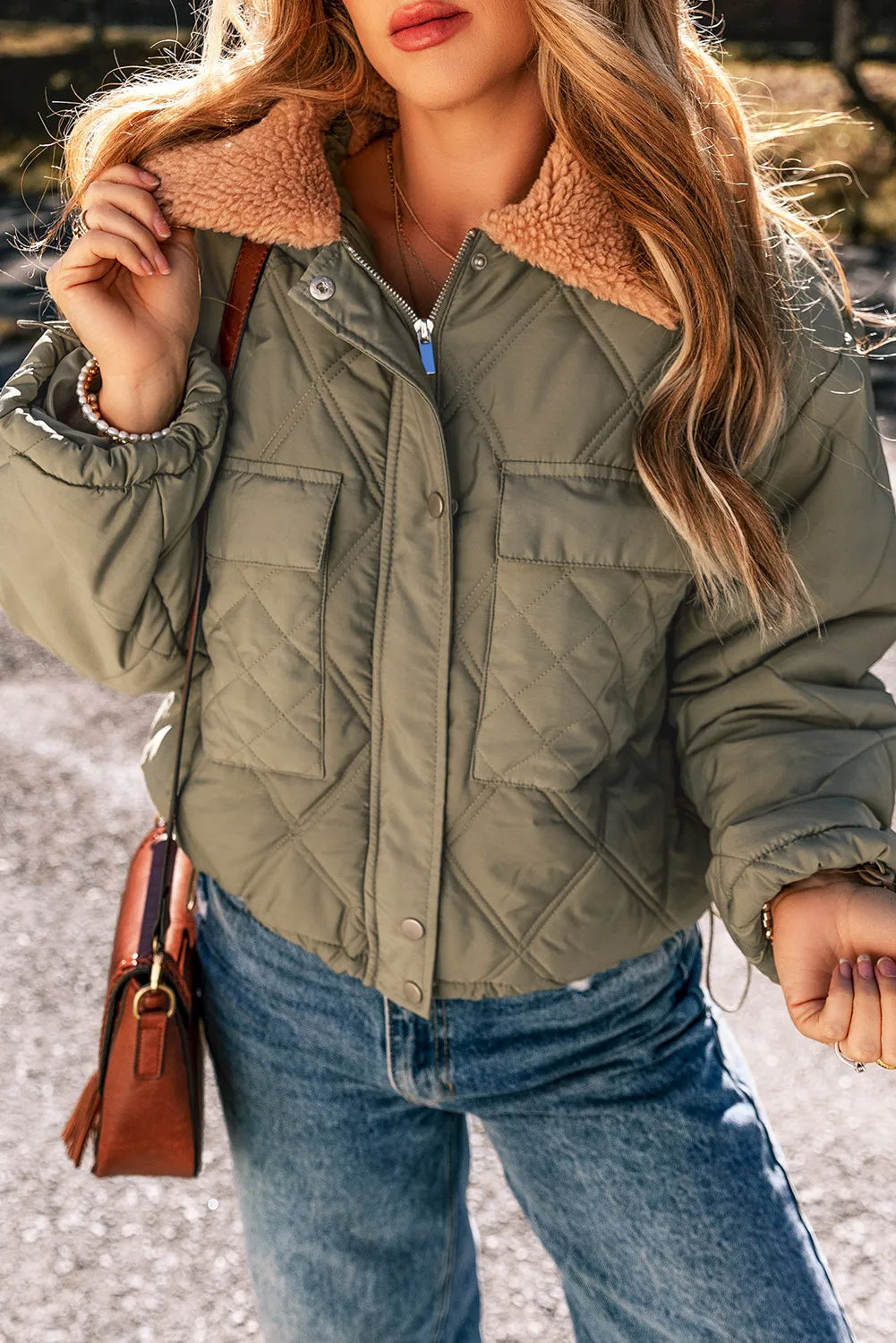 Drawstring Collared Neck Long Sleeve Winter Coat in Sage