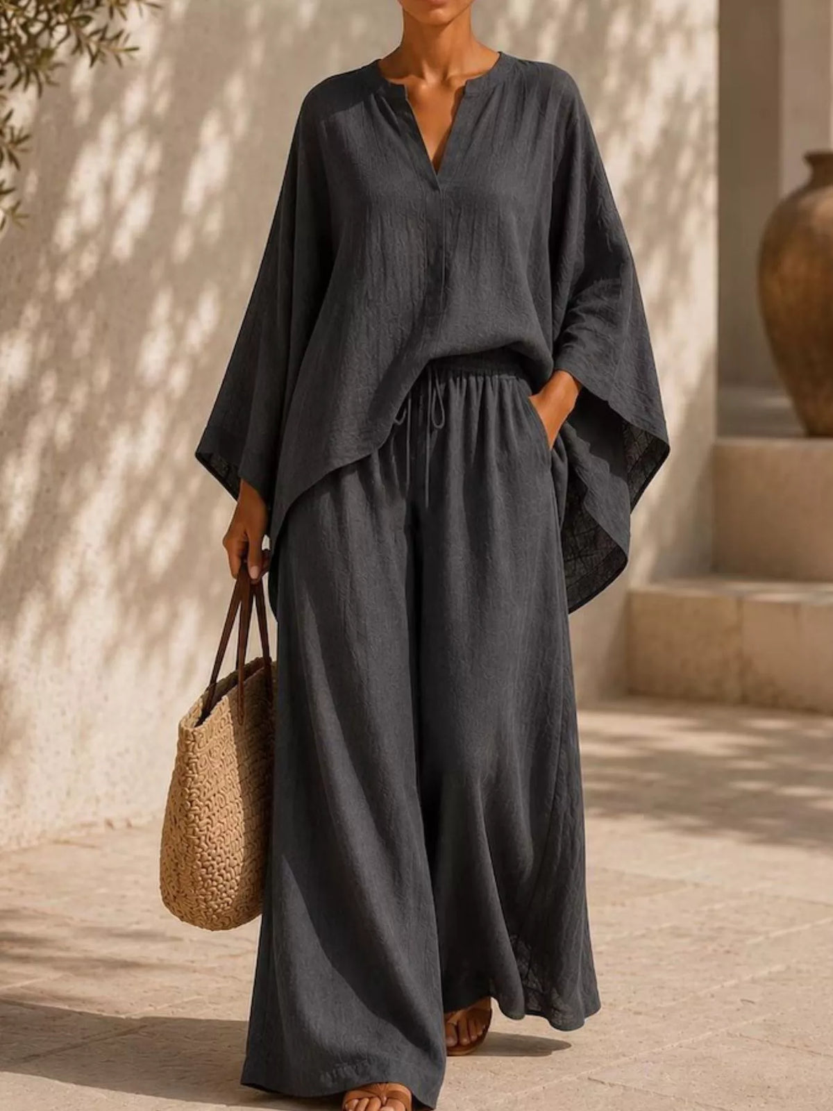 Full Size Loose Fit Top and Wide-Leg Pants Set Plus Size in Dark Gray