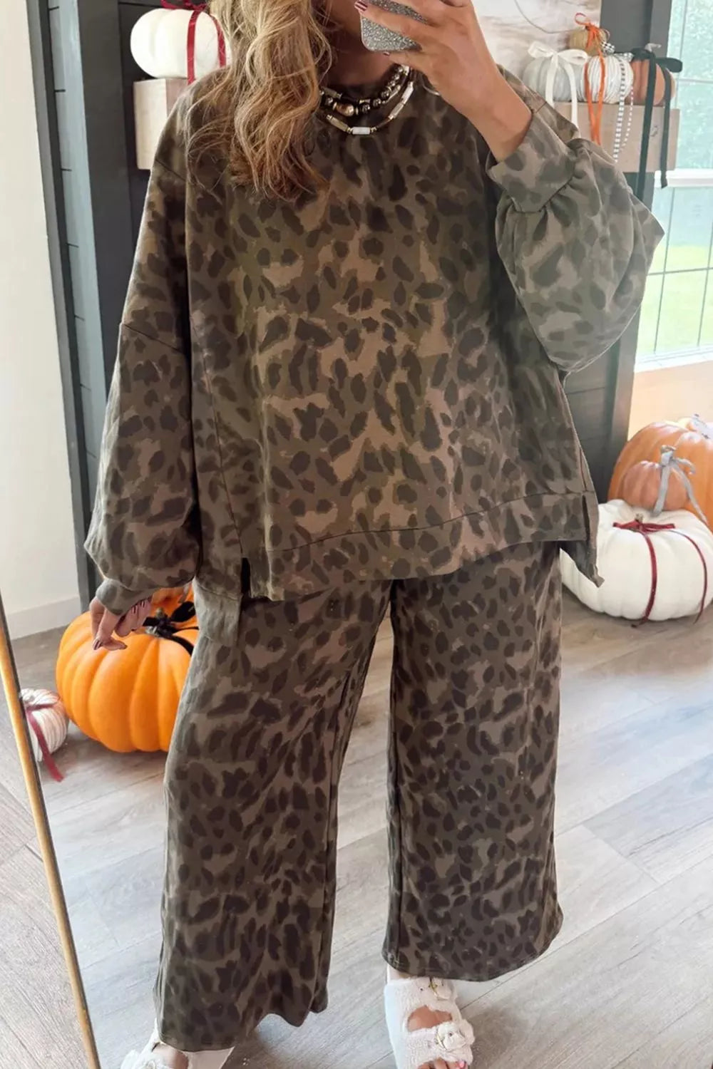 Leopard Print Long Sleeve Top and Pants Set, view 7