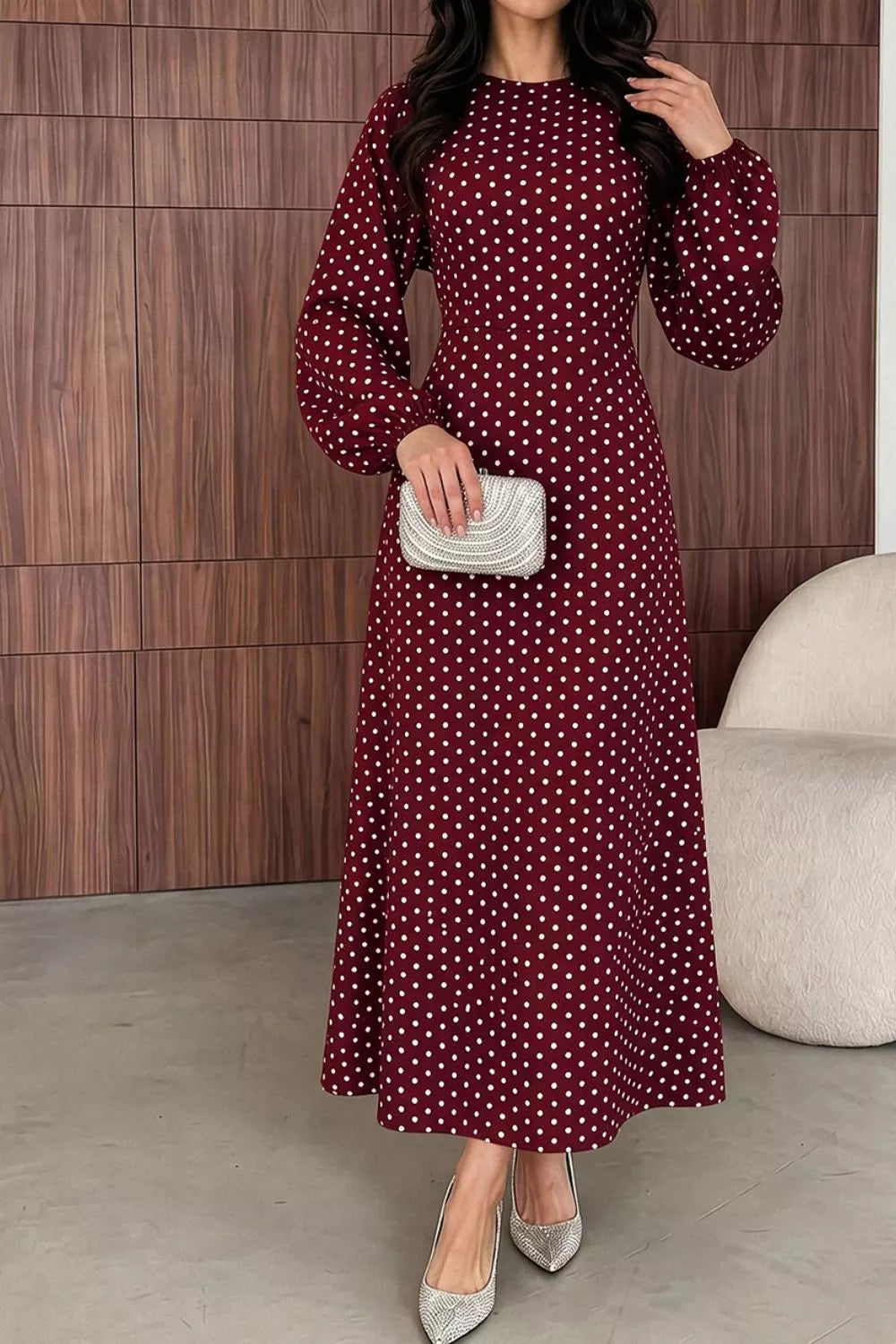 Polka Dot Long Sleeve Maxi Dress - Lilixa.store