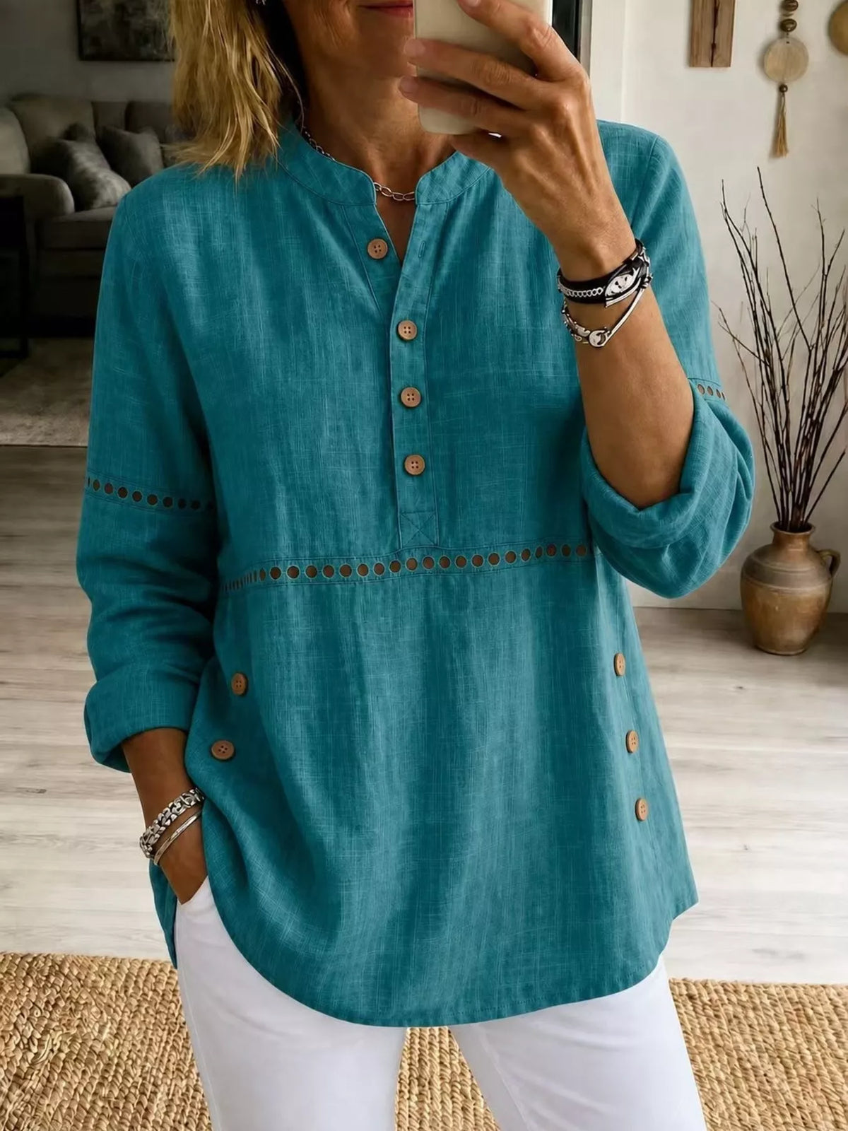 Full Size Button Detail Eyelet Long Sleeve Blouse Plus Size in Emerald