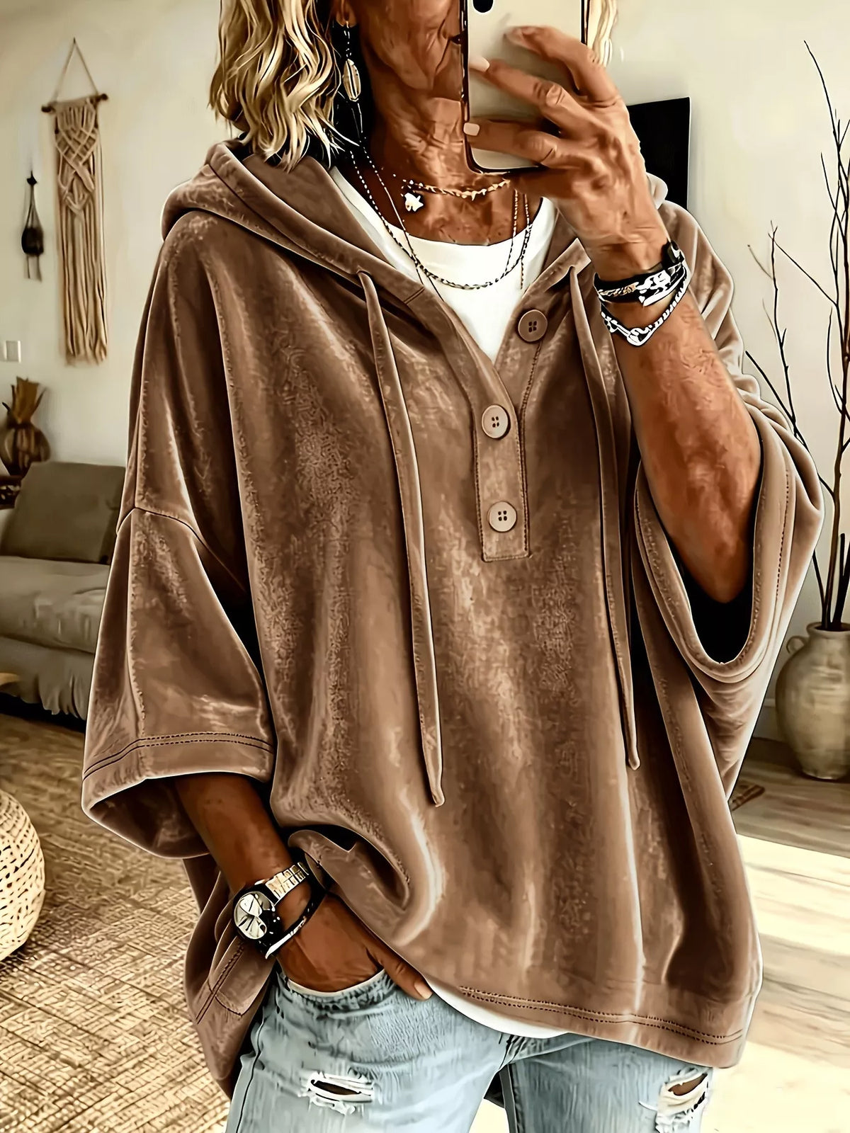 Full Size Velvet Button Detail Drawstring Hoodie Plus Size in Brown
