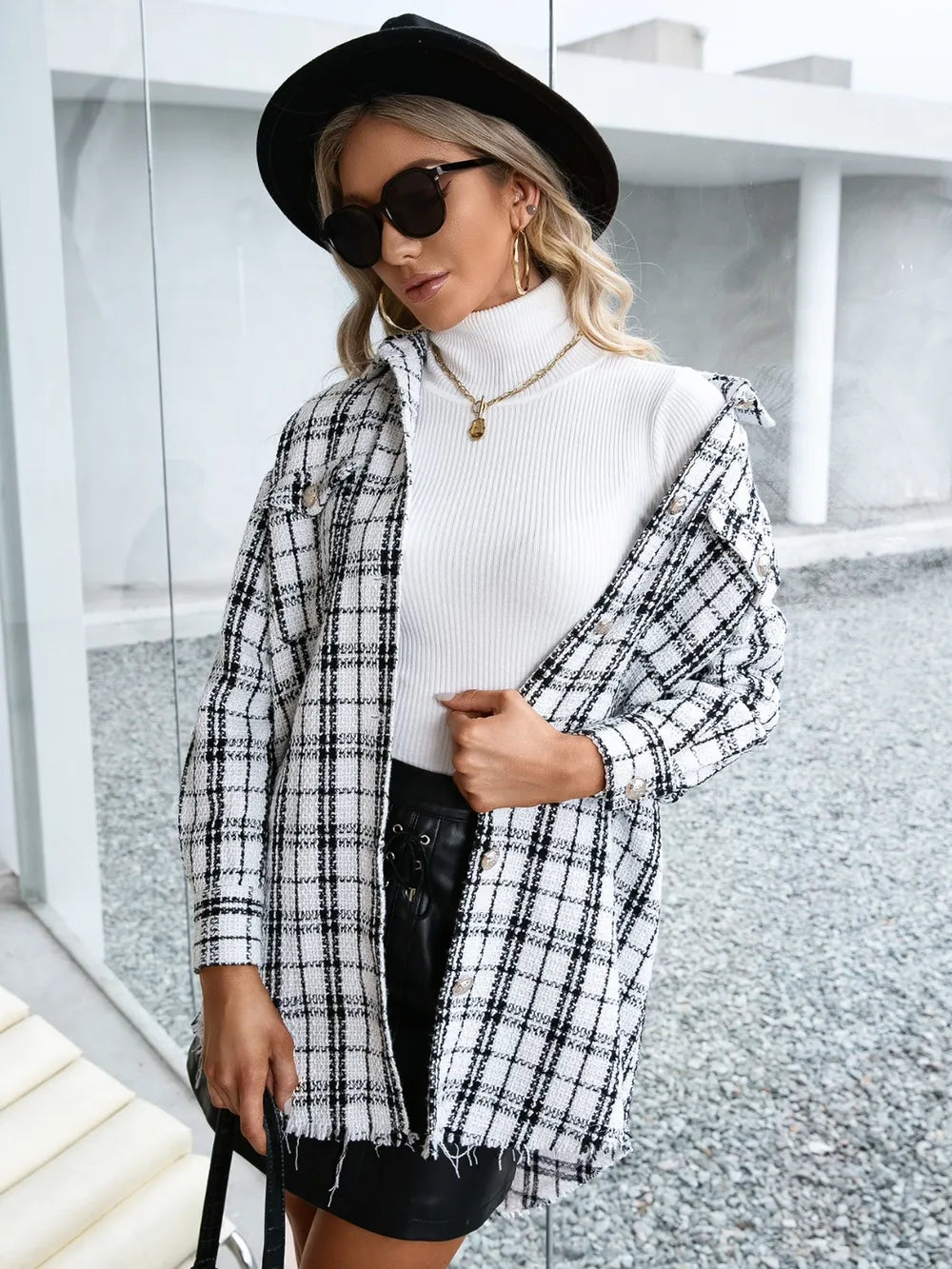 Ivy Lane Plaid Pocketed Button Up Dropped Shoulder Jacket in White, view 4