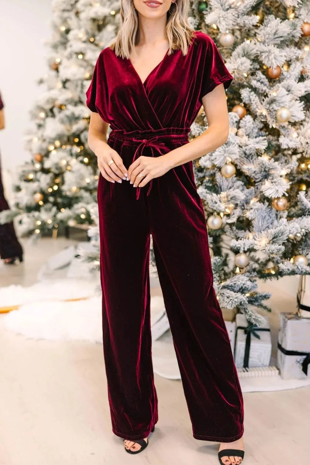 Drawstring Surplice Short Sleeve Jumpsuit - Lilixa.store