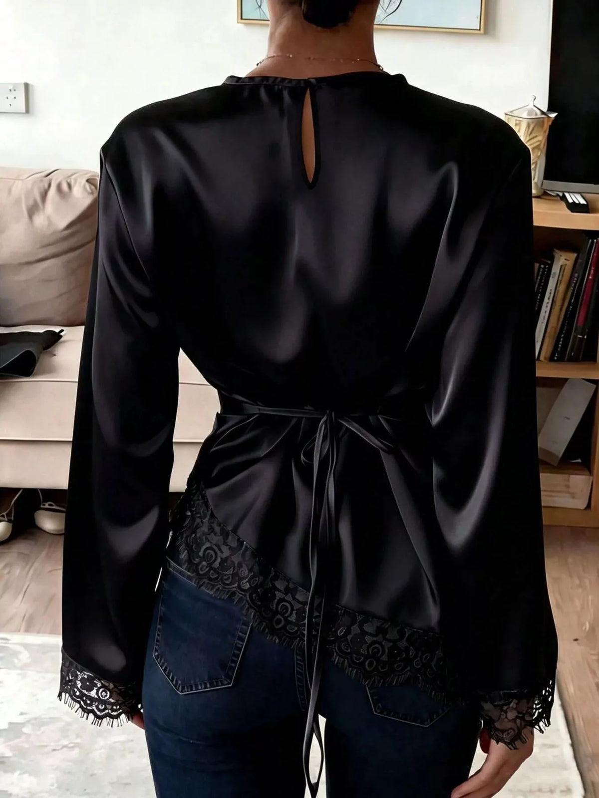 Satin Lace Trim Flare Sleeve Blouse, view 6