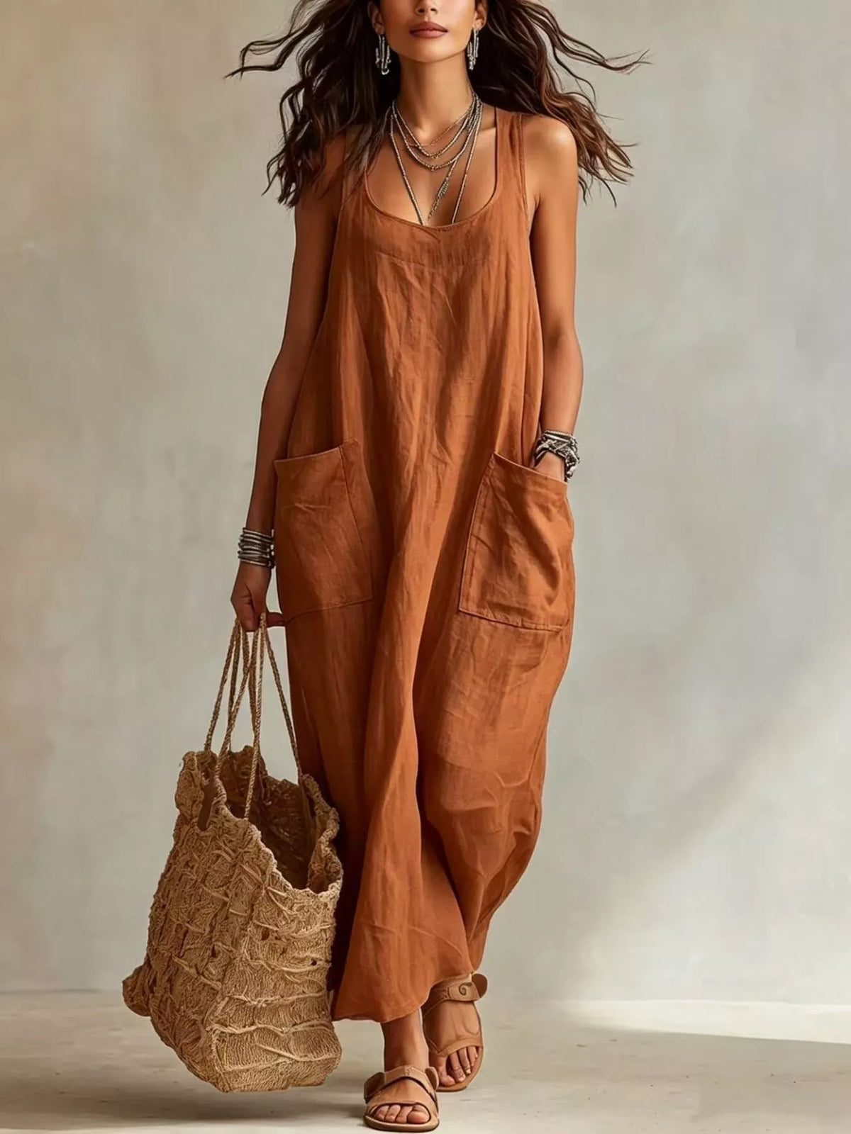 Scoop Neck Sleeveless Maxi Dress with Pockets in Brown