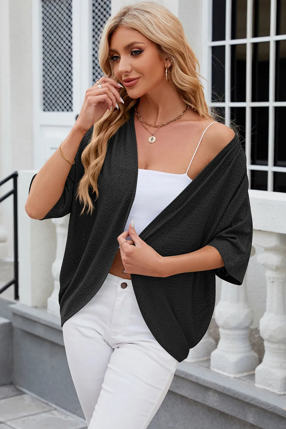 Eyelet Open Front Half Sleeve Cardigan - Lilixa.store
