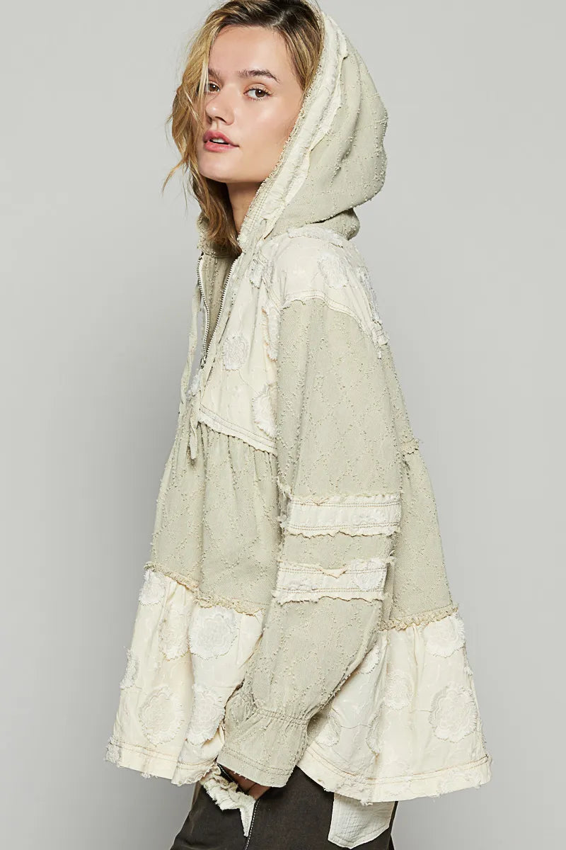 POL Raw Hem Color Block Hooded Jacket in Beige, view 3