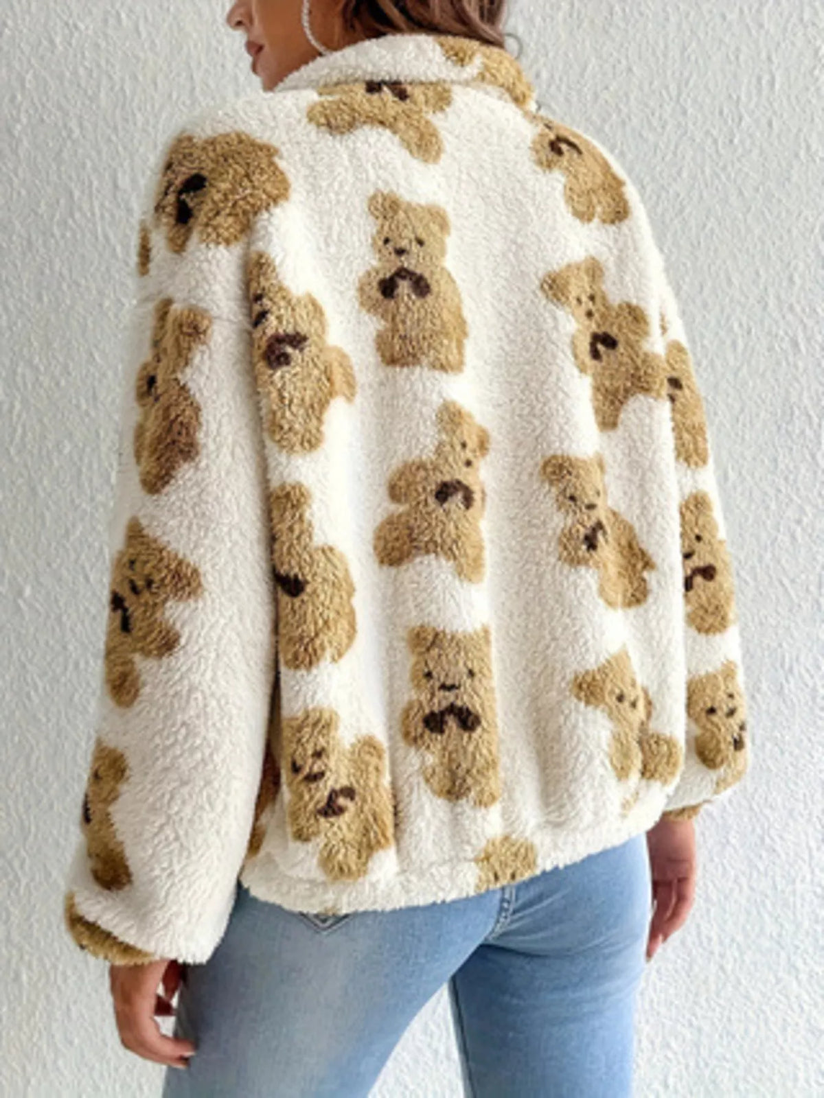 Teddy Bear Fuzzy Zip-Up Jacket in White, view 3