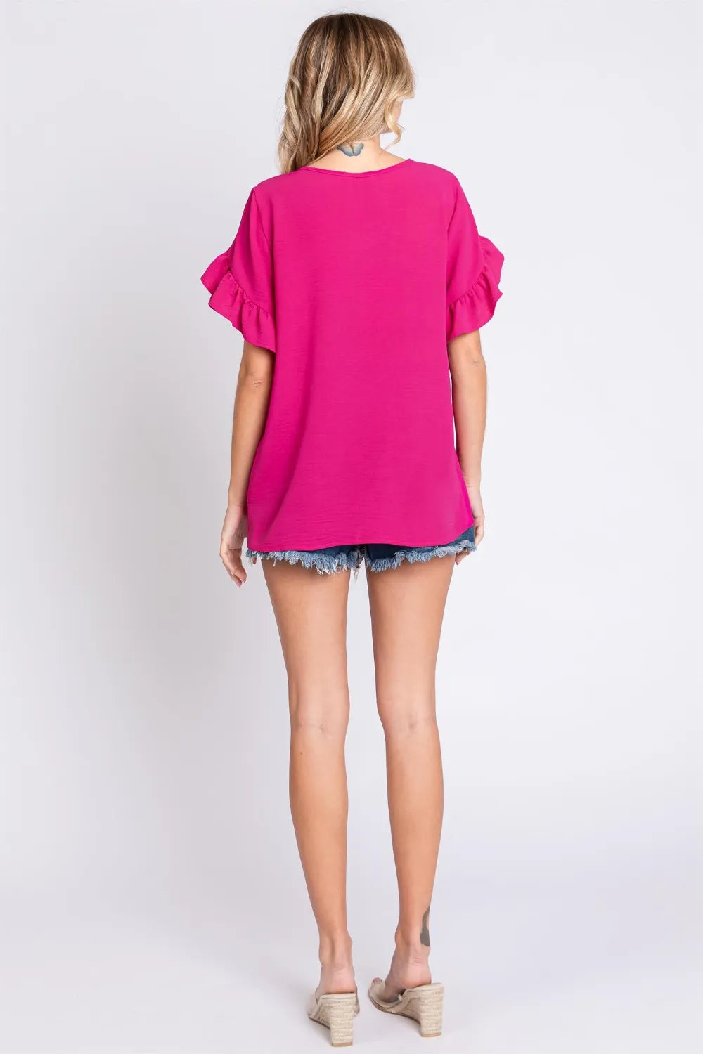 GeeGee V-Neck Ruffle Trim Short Sleeve Blouse - Lilixa.store