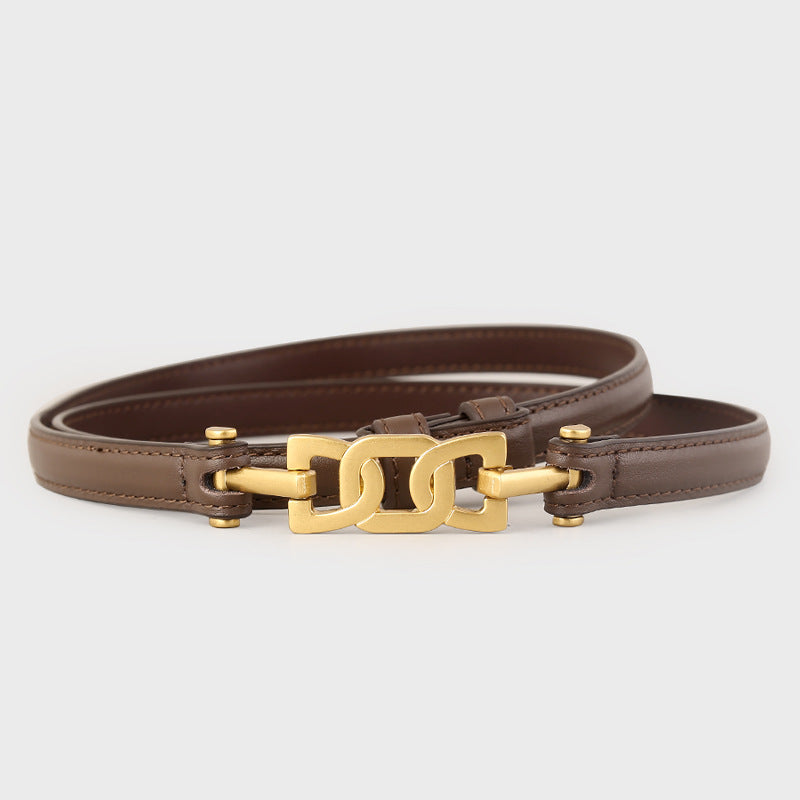 Gold Buckle Skinny Leather Belt, view 4