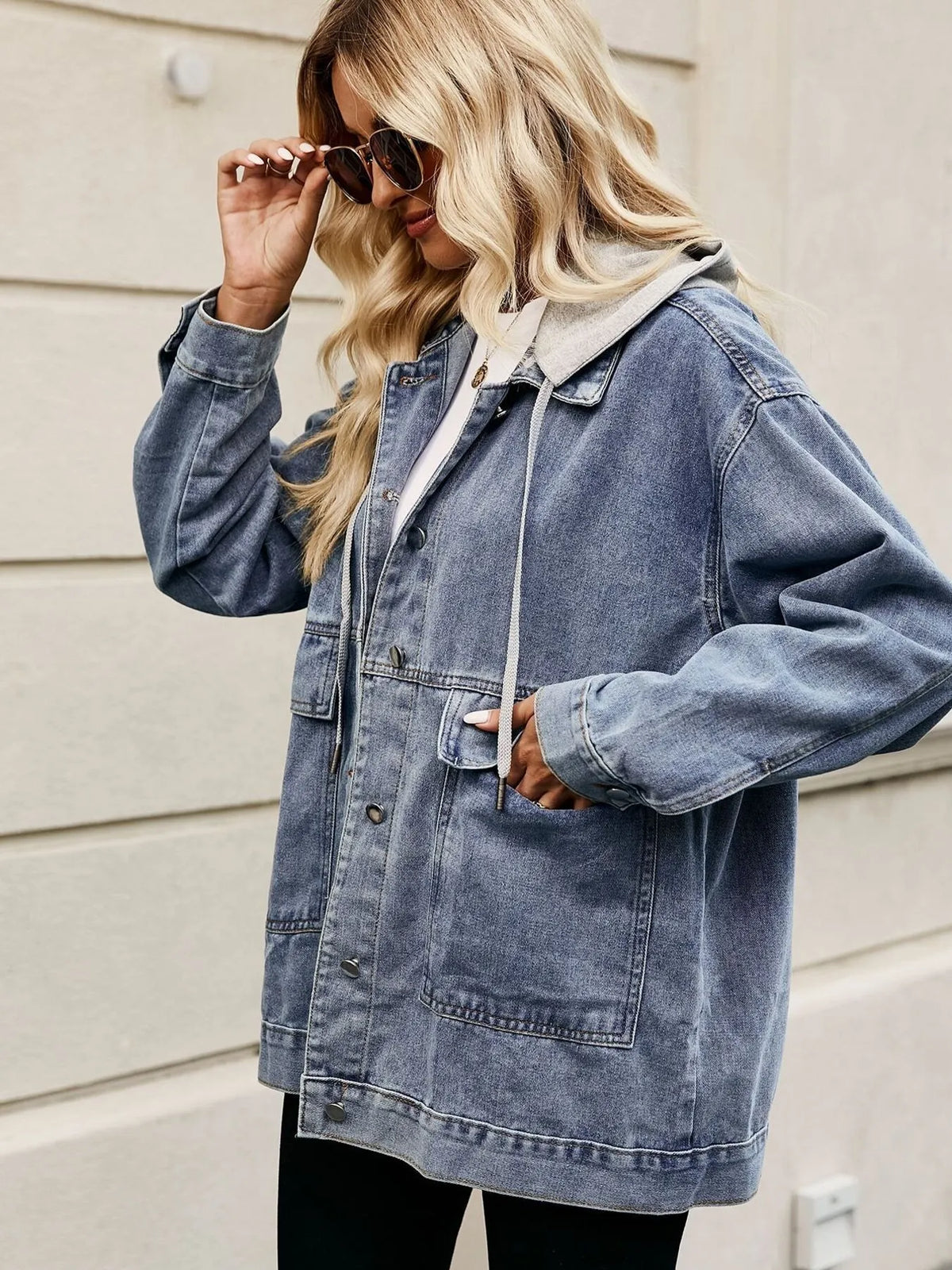 Oversized Button Up Denim Jacket with Hood, view 9