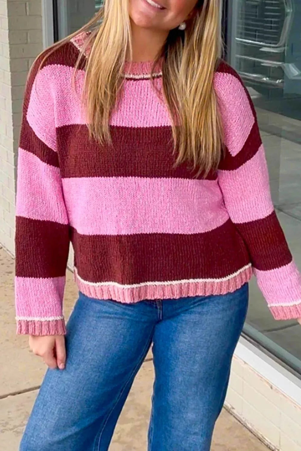 Striped Drop Shoulder Long Sleeve Pullover Regular Fit Knit Sweater