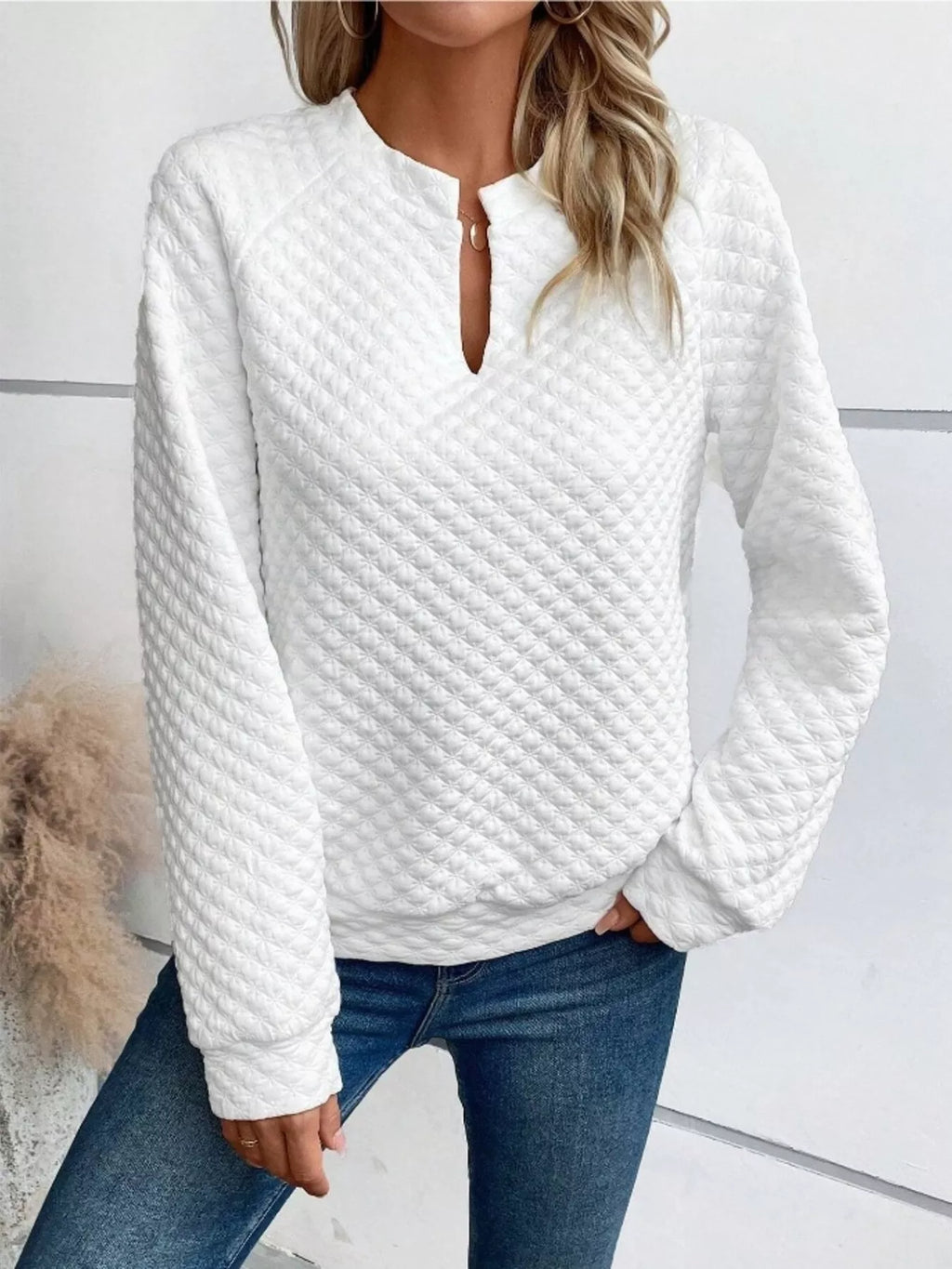 Quilted Texture Long Sleeve Sweatshirt with Notched Neck - Lilixa.store