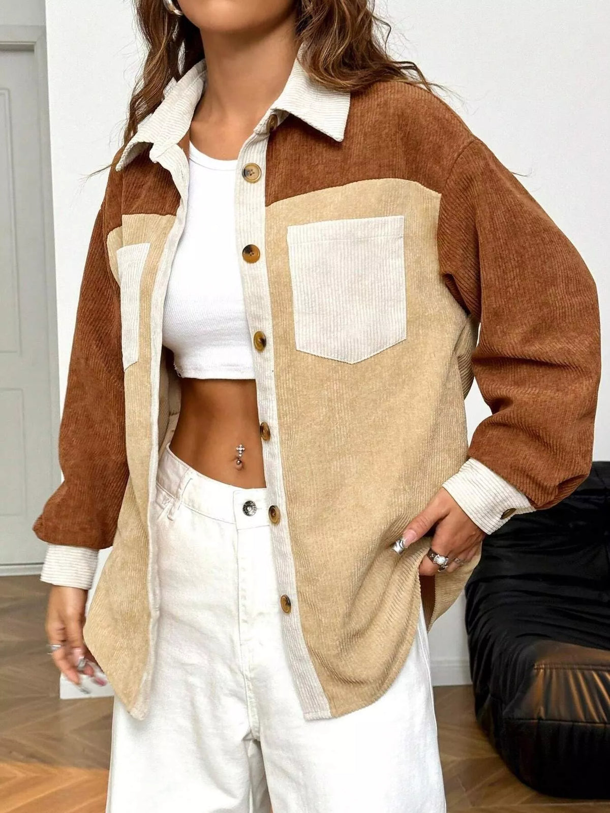 Color Block Corduroy Button-Up Jacket in Tan