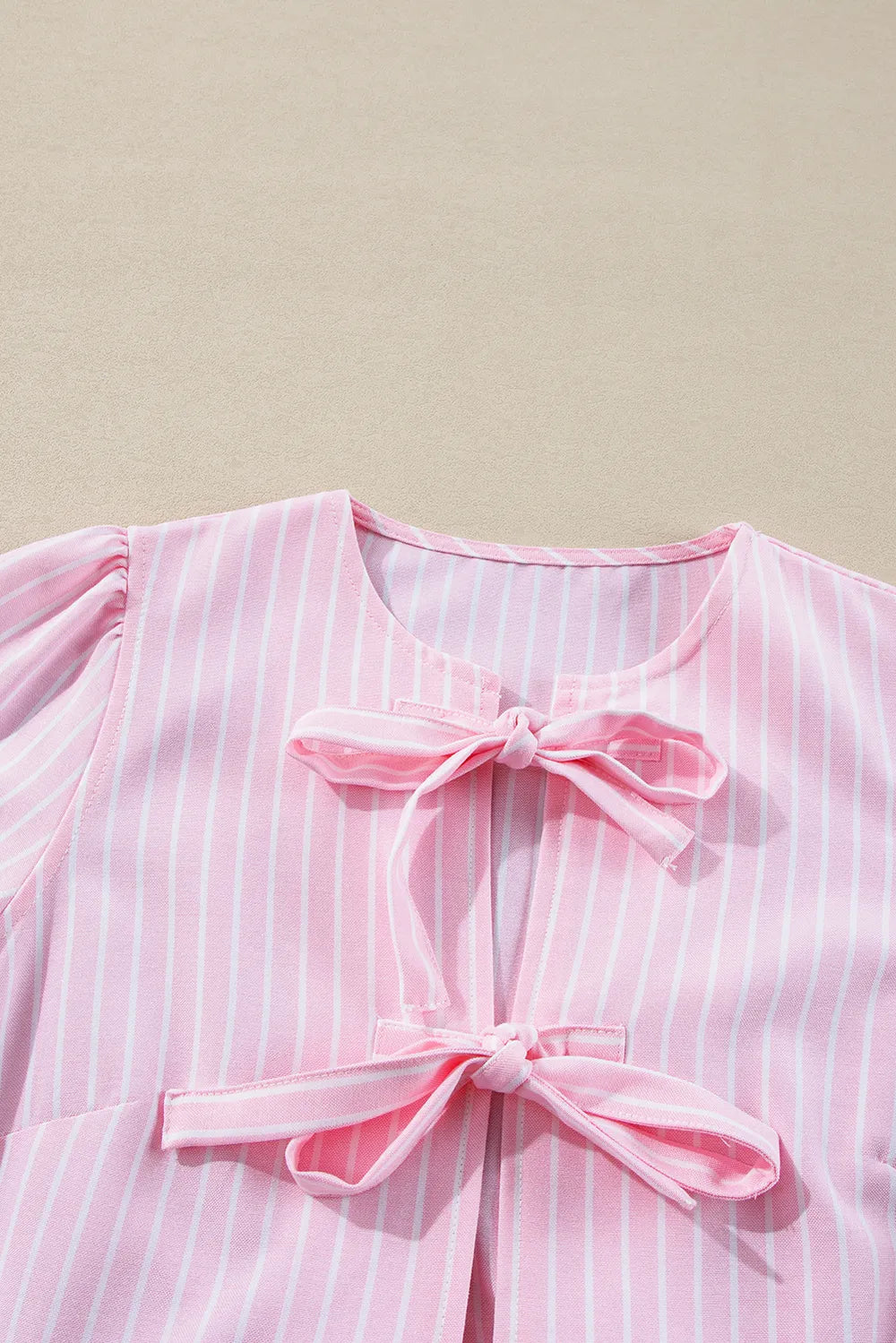 Tied Bow Striped Round Neck Blouse in Blush Pink, view 7