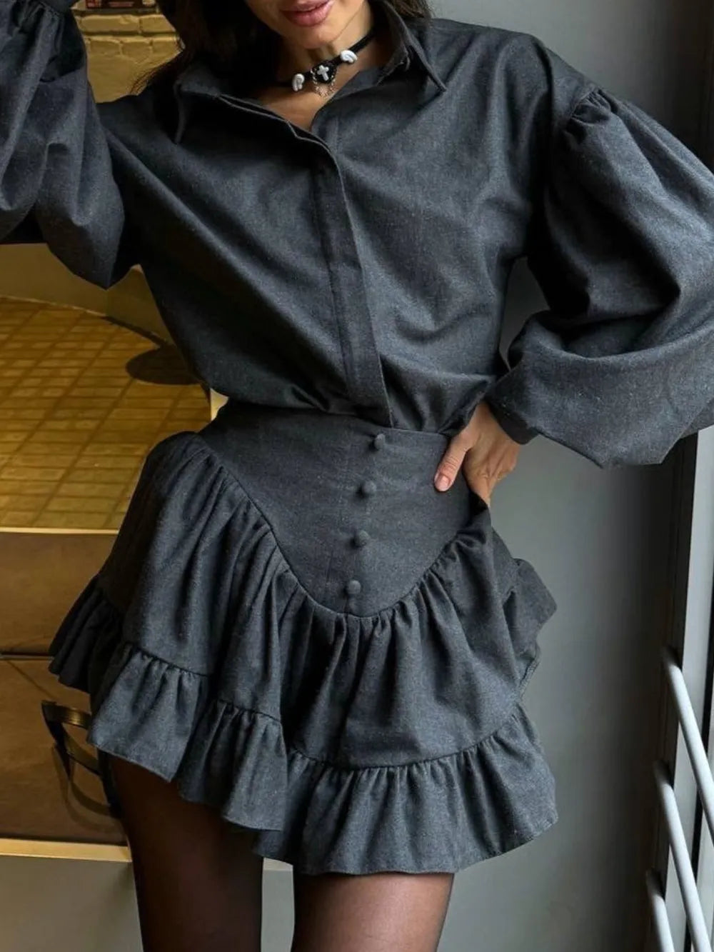 Lantern Sleeve Shirt and Ruffled Skirt Set - Lilixa.store
