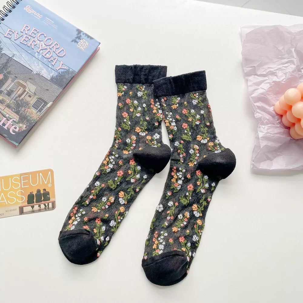 Floral Sheer Crew Socks 5 Pair Set