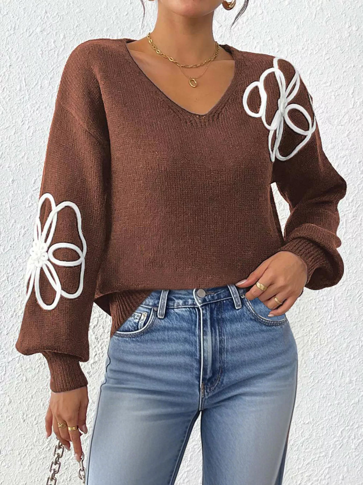 Flower V-Neck Dropped Shoulder Sweater - Lilixa.store