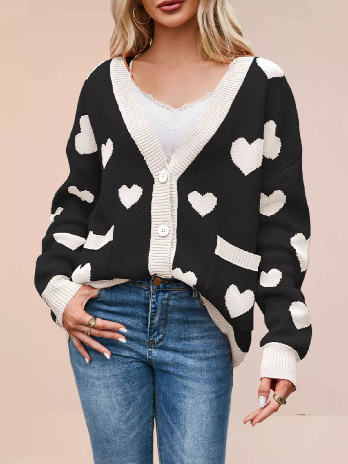 Heart Pattern V-Neck Button-Down Knit Cardigan - Lilixa.store