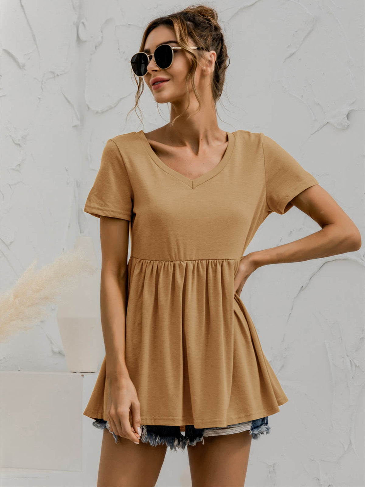 V-Neck Short Sleeve Babydoll Top, view 3
