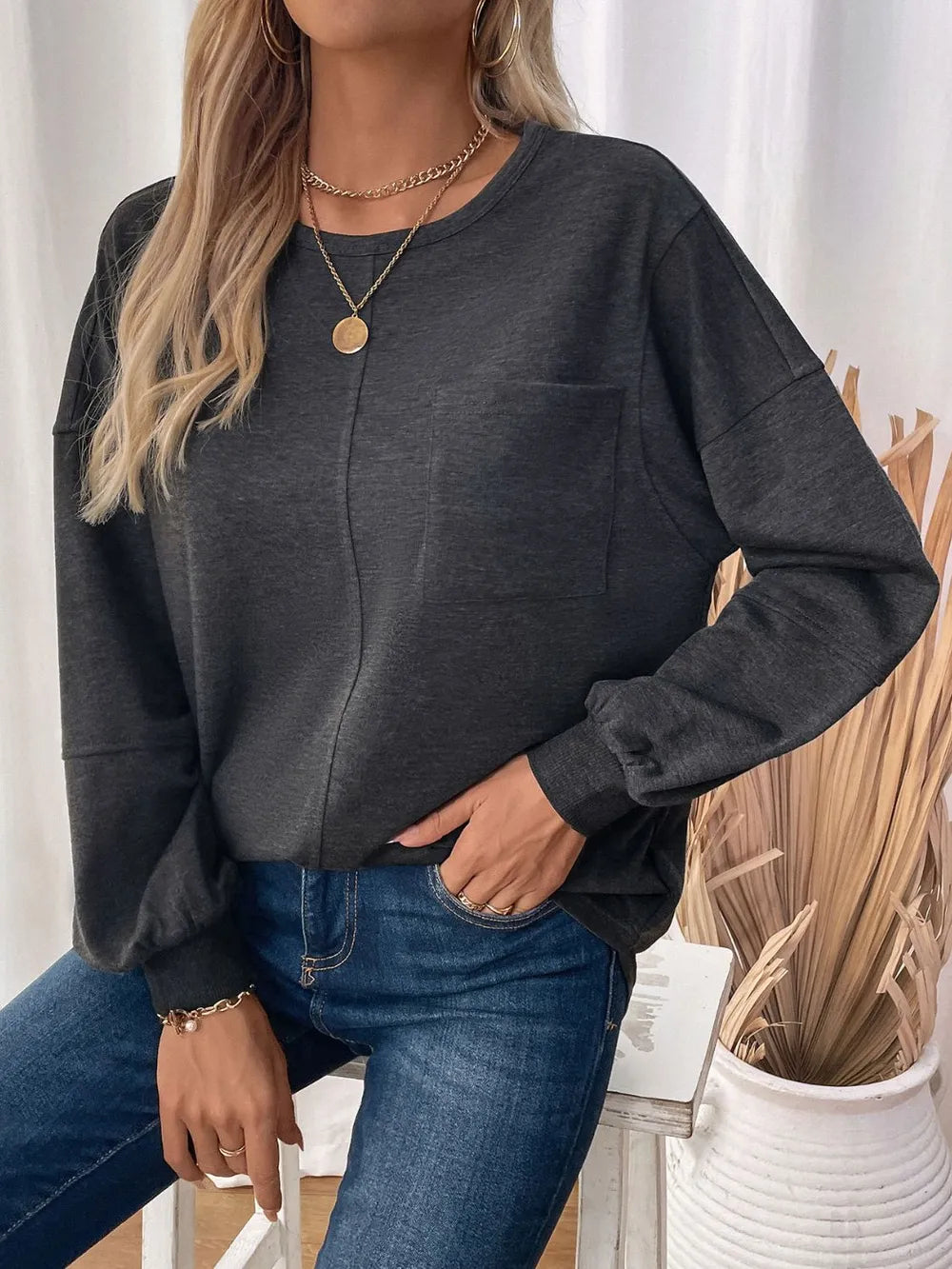Perfee Pocketed Round Neck Long Sleeve Sweatshirt - Lilixa.store